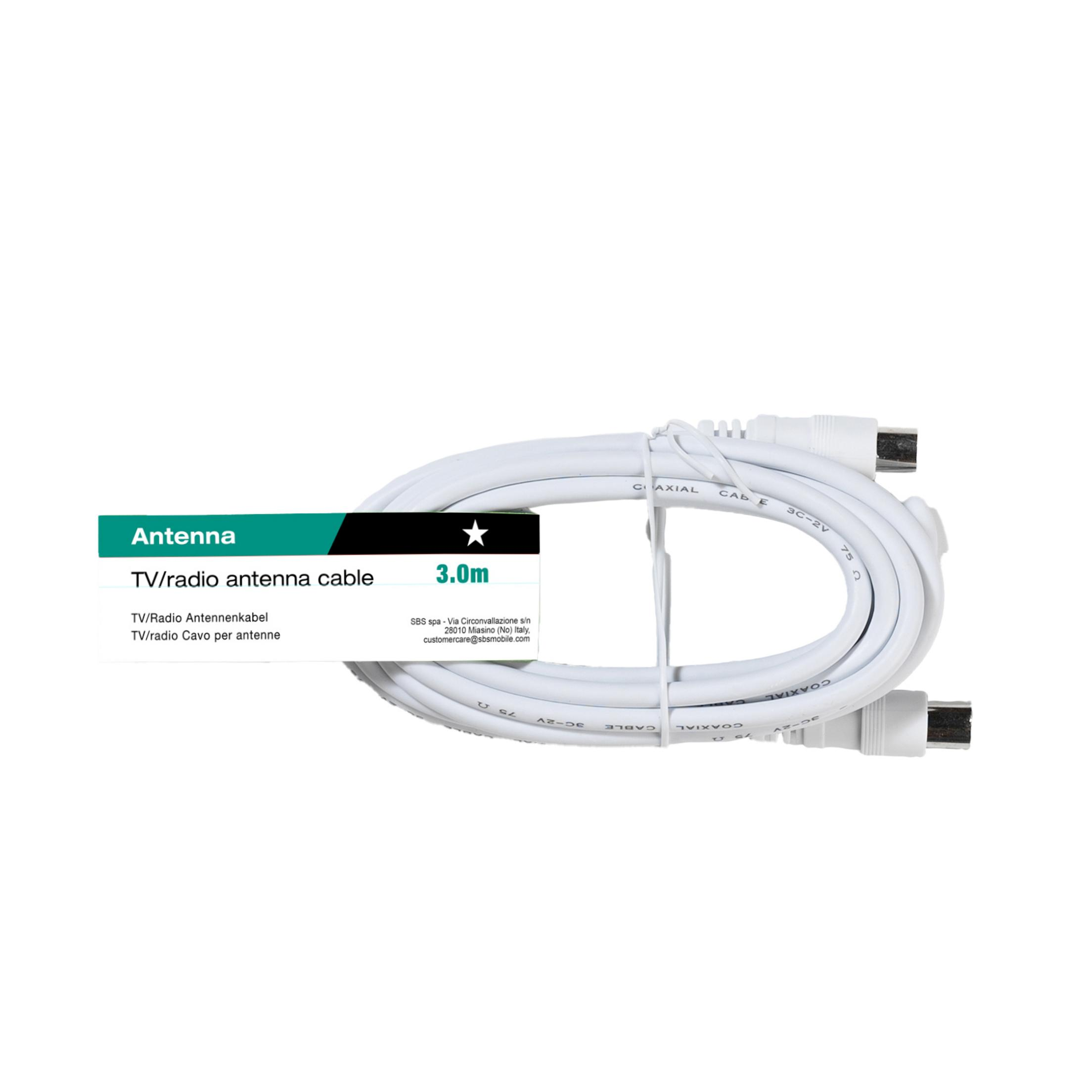 Un cavo per antenna TV e radio bianco da 3,0 m arrotolato e legato, con etichetta di imballaggio a sinistra.