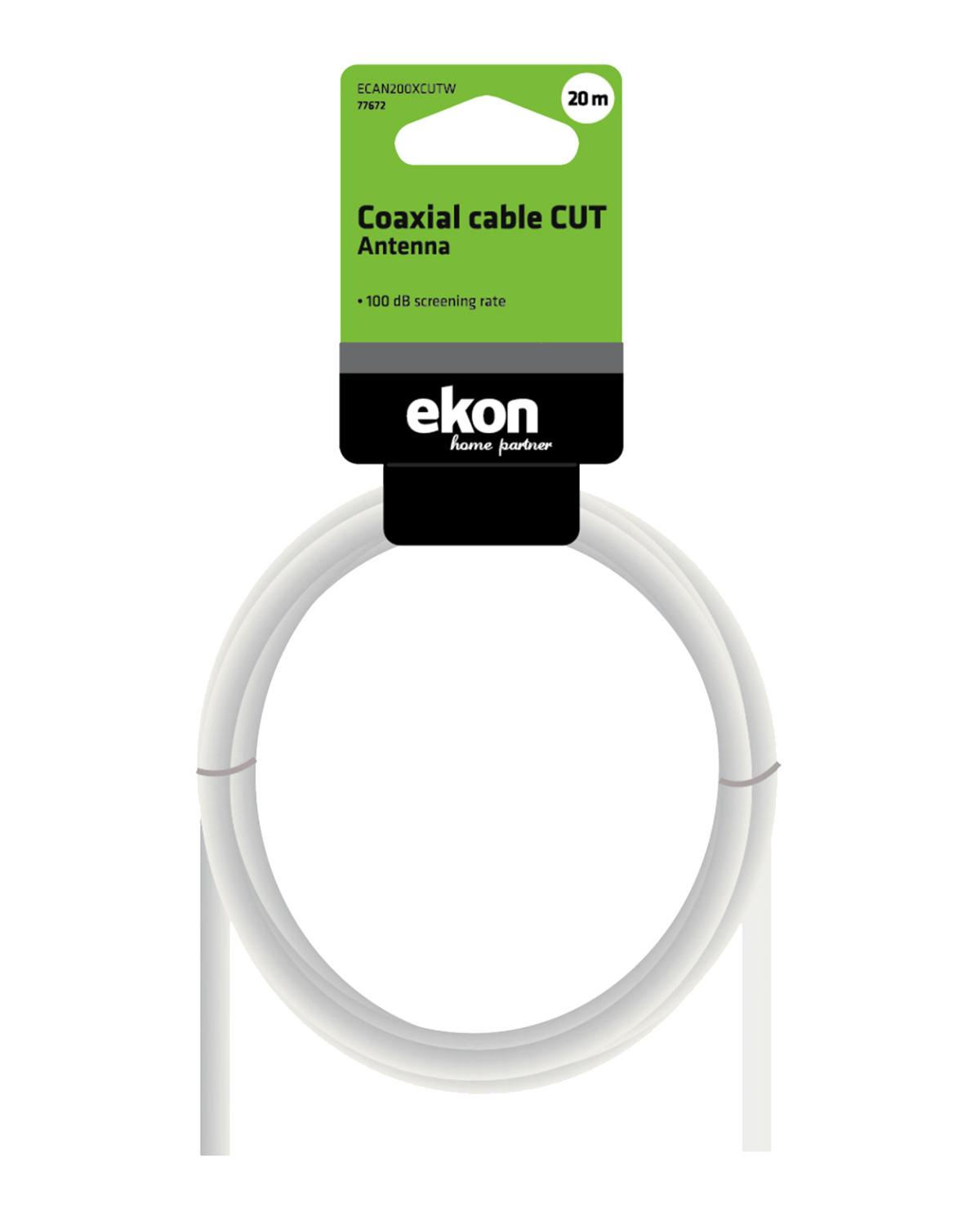 Un cavo coassiale per antenna Ekon bianco arrotolato, 20m, con etichetta verde e nera in alto.