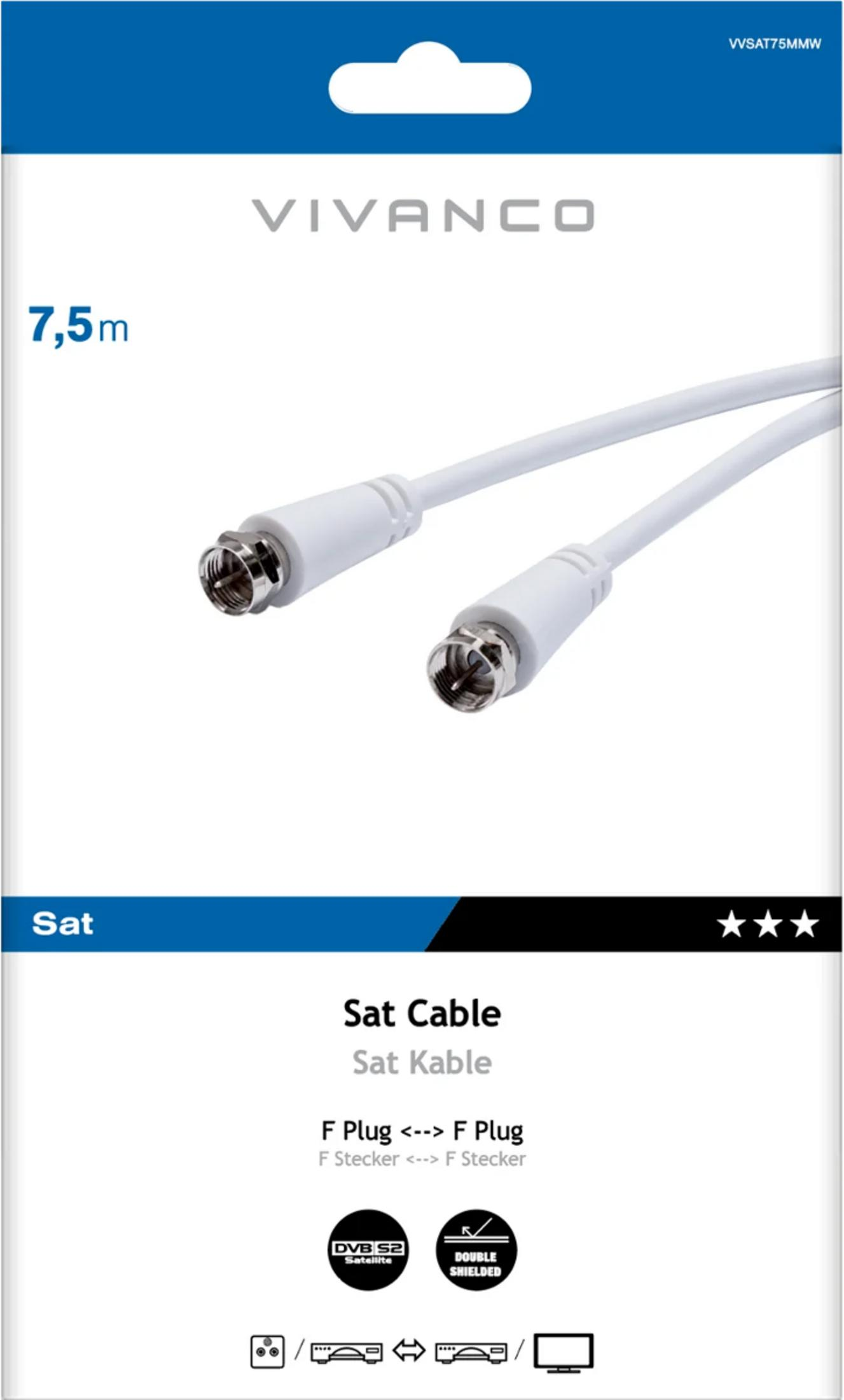 Cavo satellitare Vivanco da 7,5m con connettore F, doppia schermatura in confezione bianca.