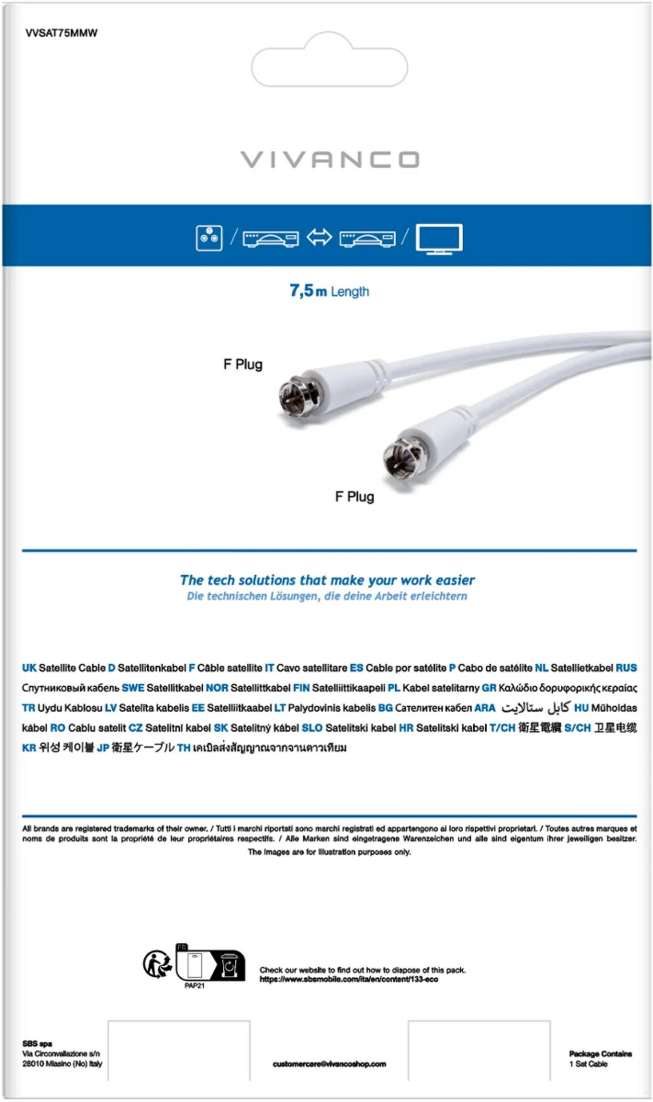 Cavo satellitare bianco Vivanco da 7,5 m con due connettori F.