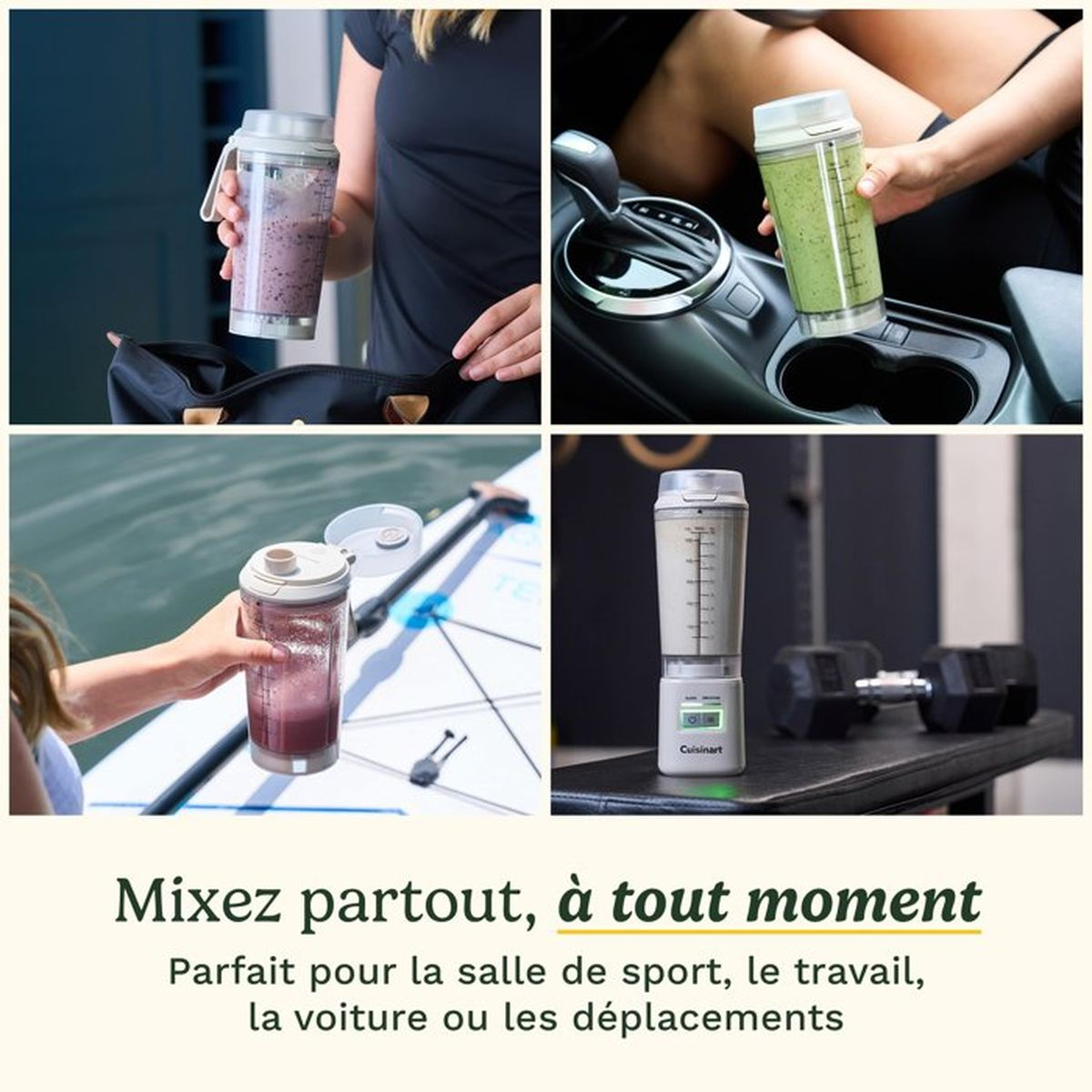 Vier Bilder eines tragbaren Mixers in verschieden Situationen mit Text auf Französisch.