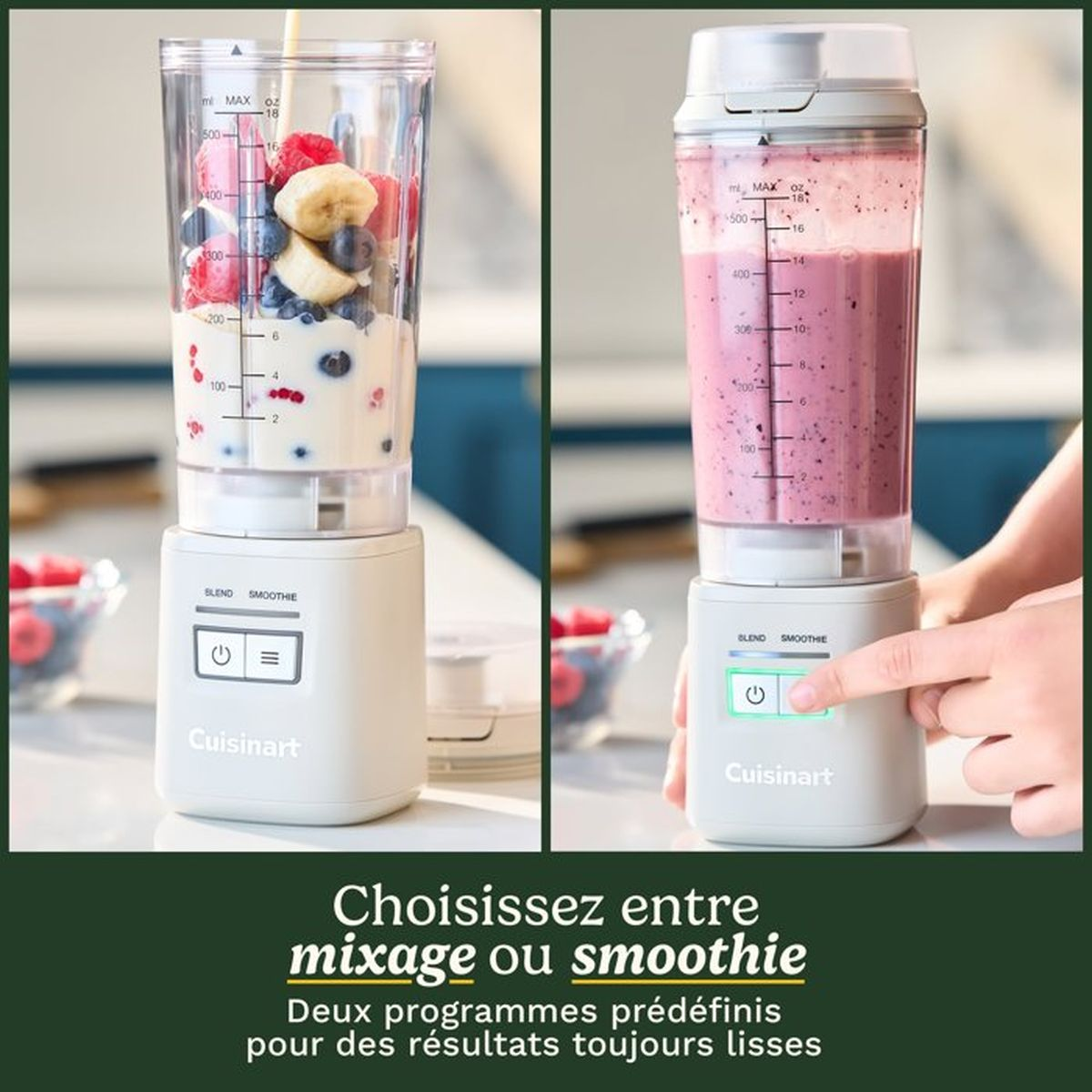 Ein weißer Cuisinart-Mixer mit Obst und Milch, während eine Hand den Einschaltknopf drückt.