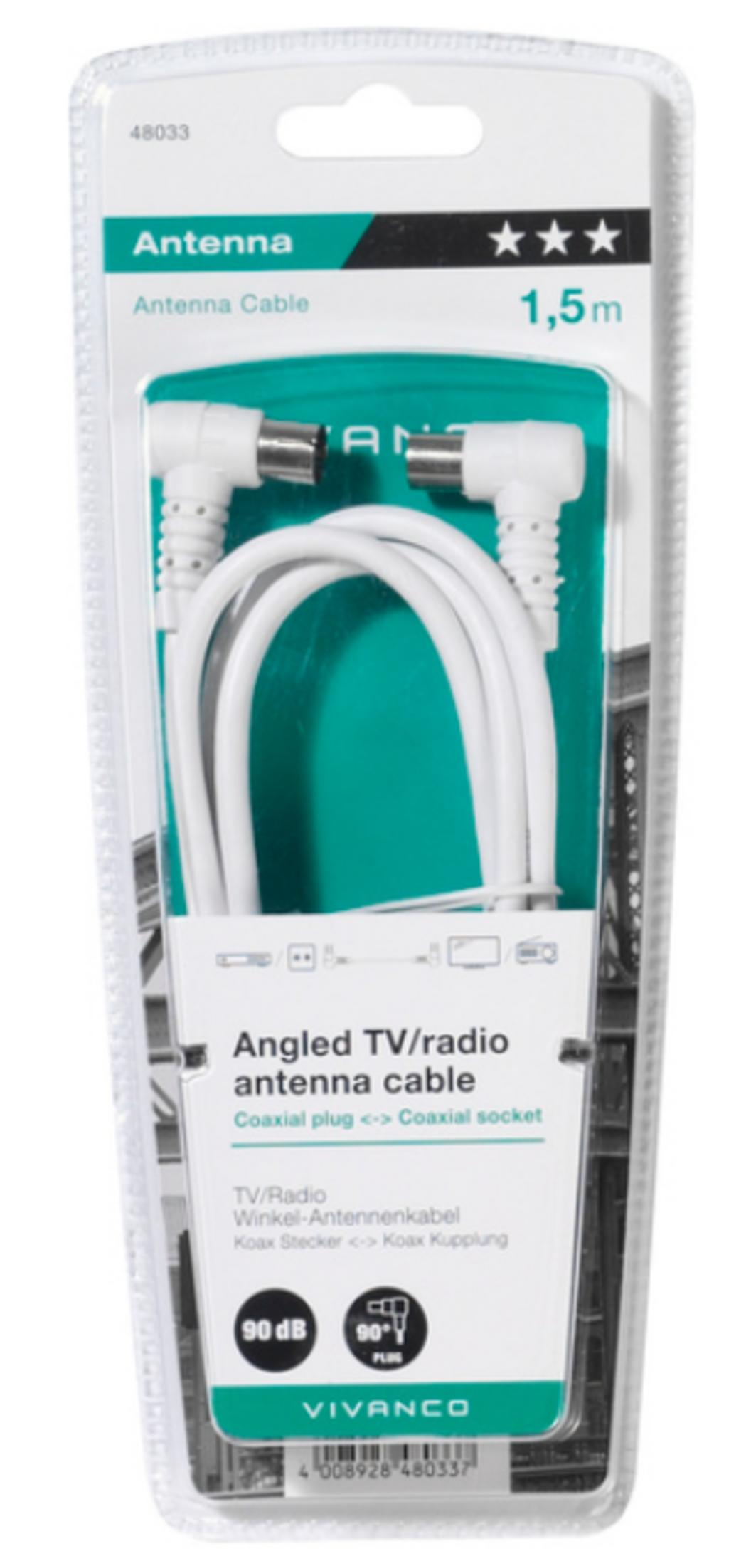 Cavo d'antenna bianco confezionato da 1,5 m con spine angolate Vivanco.