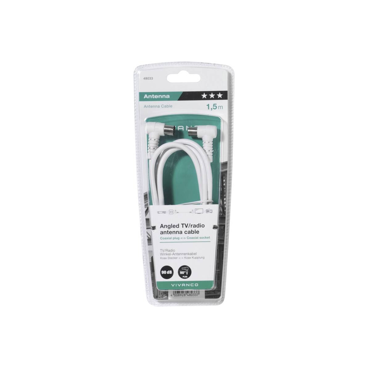 Cavo antenna TV/radio angolare bianco confezionato in blister.