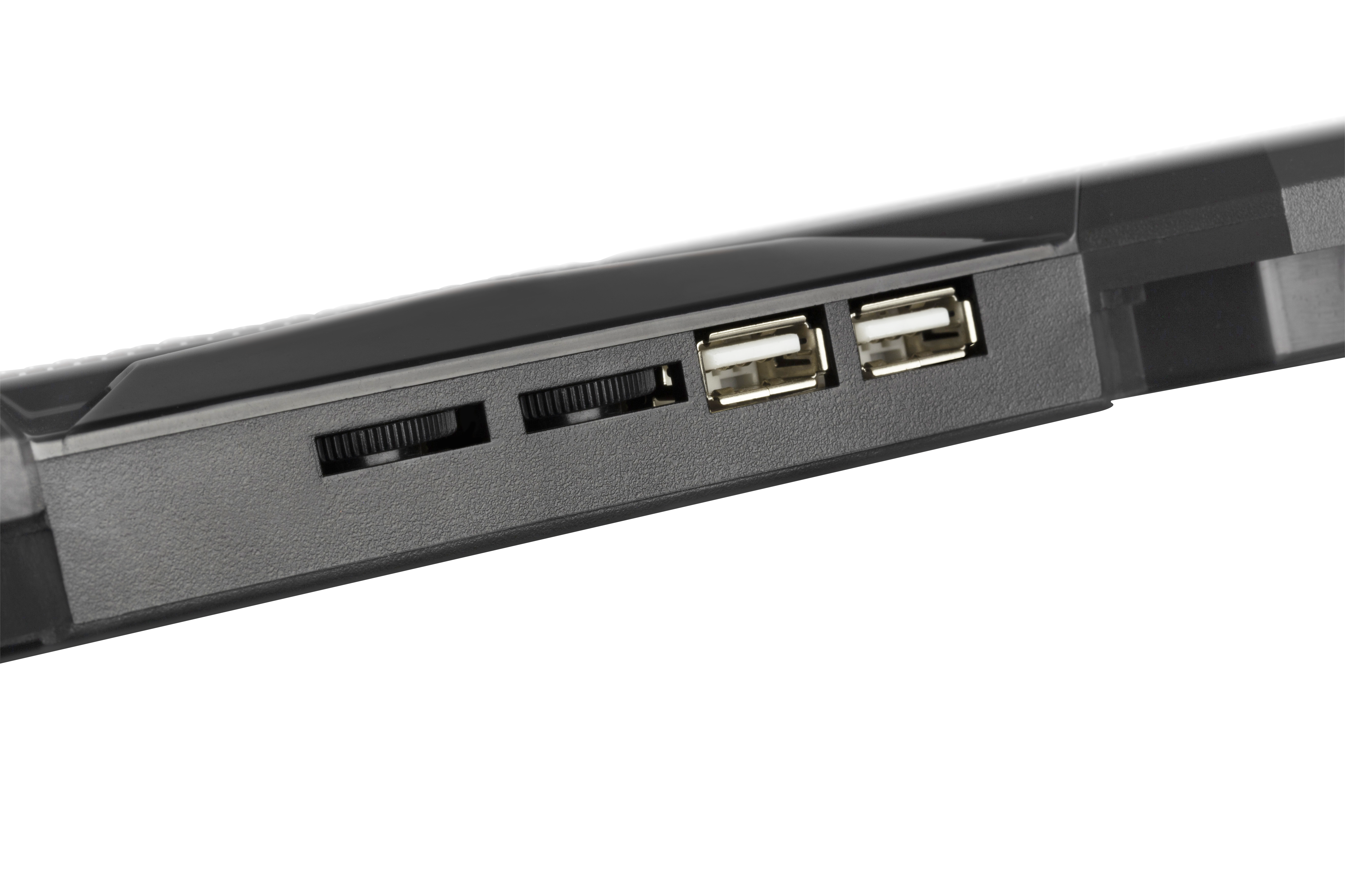 Seitenansicht eines elektronischen Geräts mit zwei Daumenrädern und zwei USB-Anschlüssen.