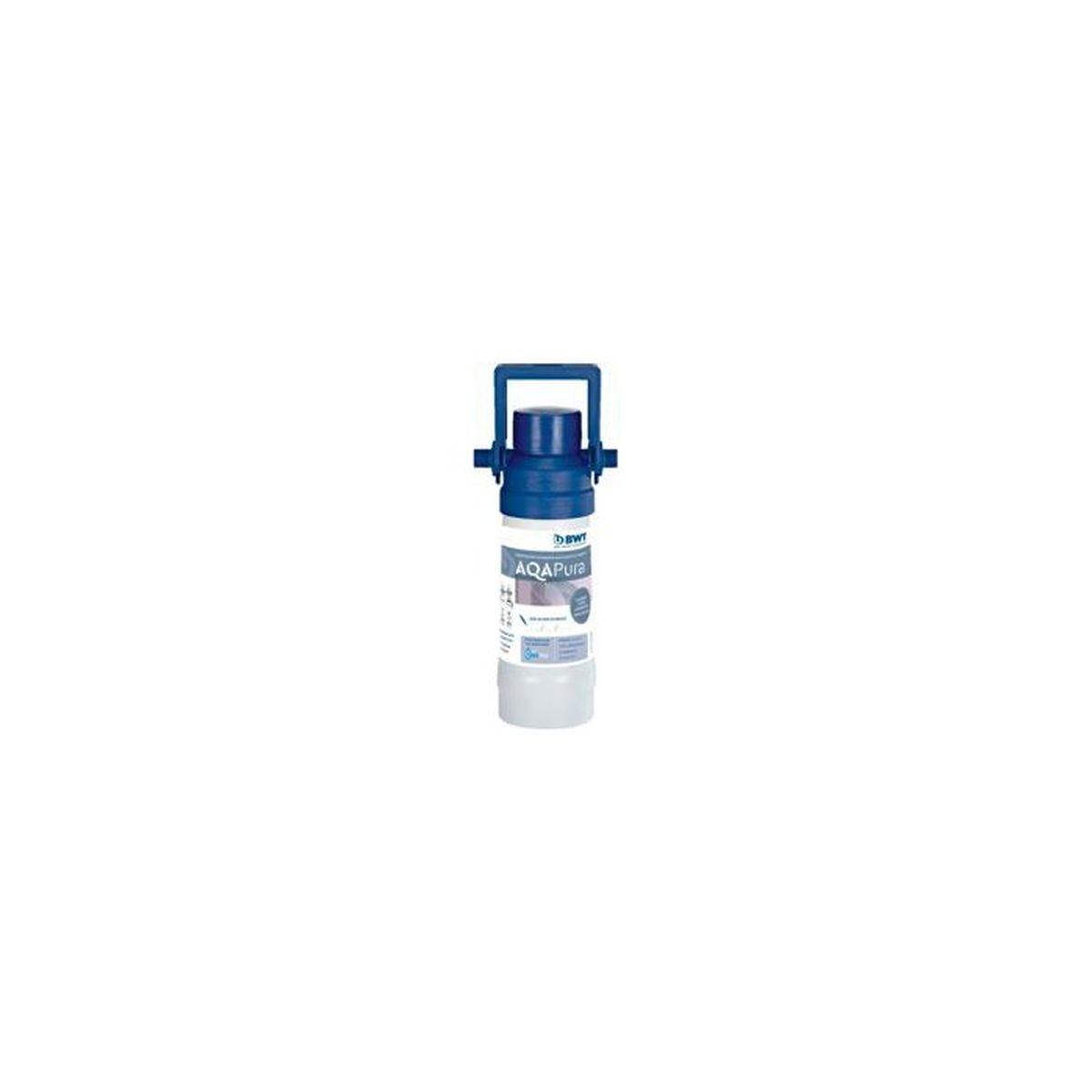 Un filtro per acqua BWT AQA Pura bianco e blu su sfondo bianco.