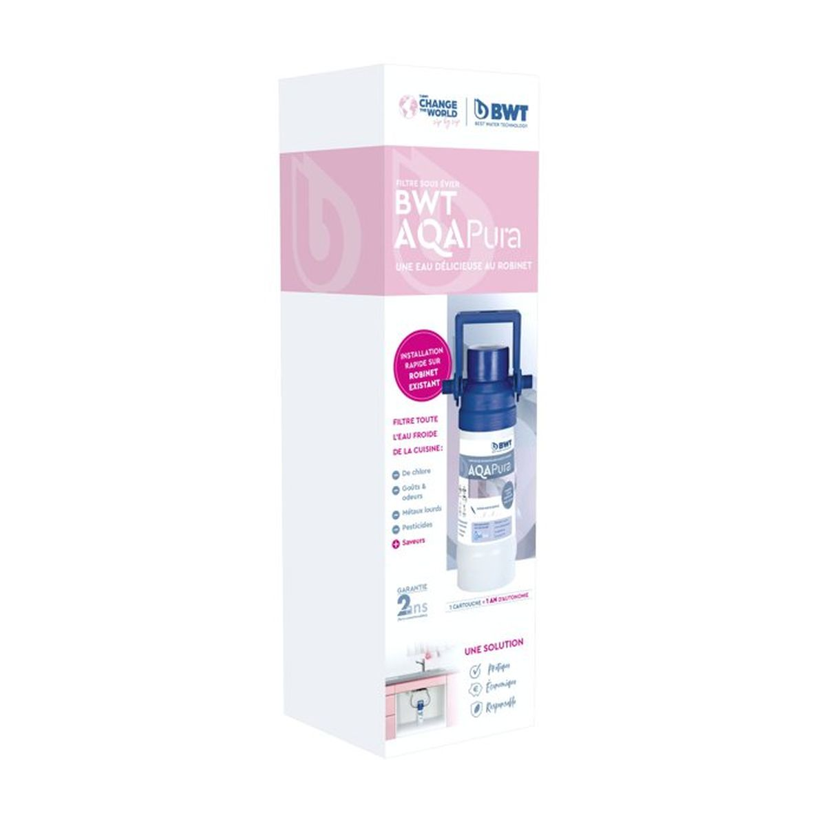 Scatola per filtro acqua BWT AQA Pura bianca e rosa con immagine della cartuccia.