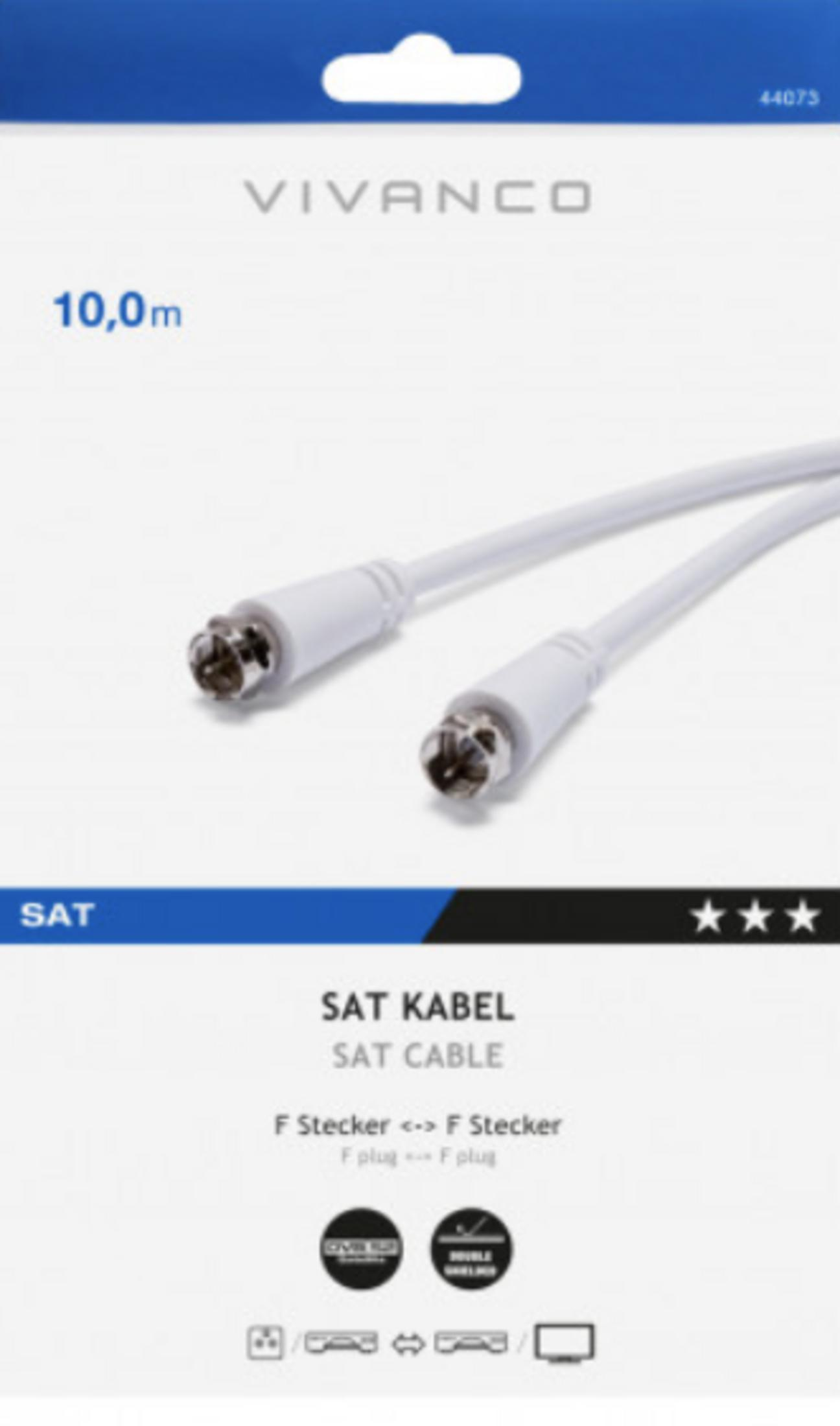 Cavo satellitare Vivanco da 10,0 m con connettori F in confezione bianca.