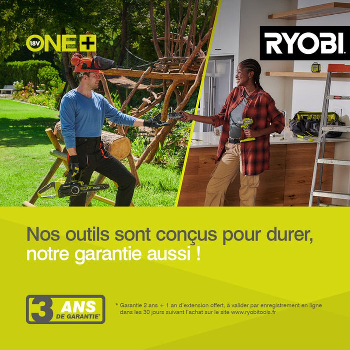 Immagine divisa con un uomo con motosega all'aperto e una donna con trapano al chiuso, logo Ryobi.