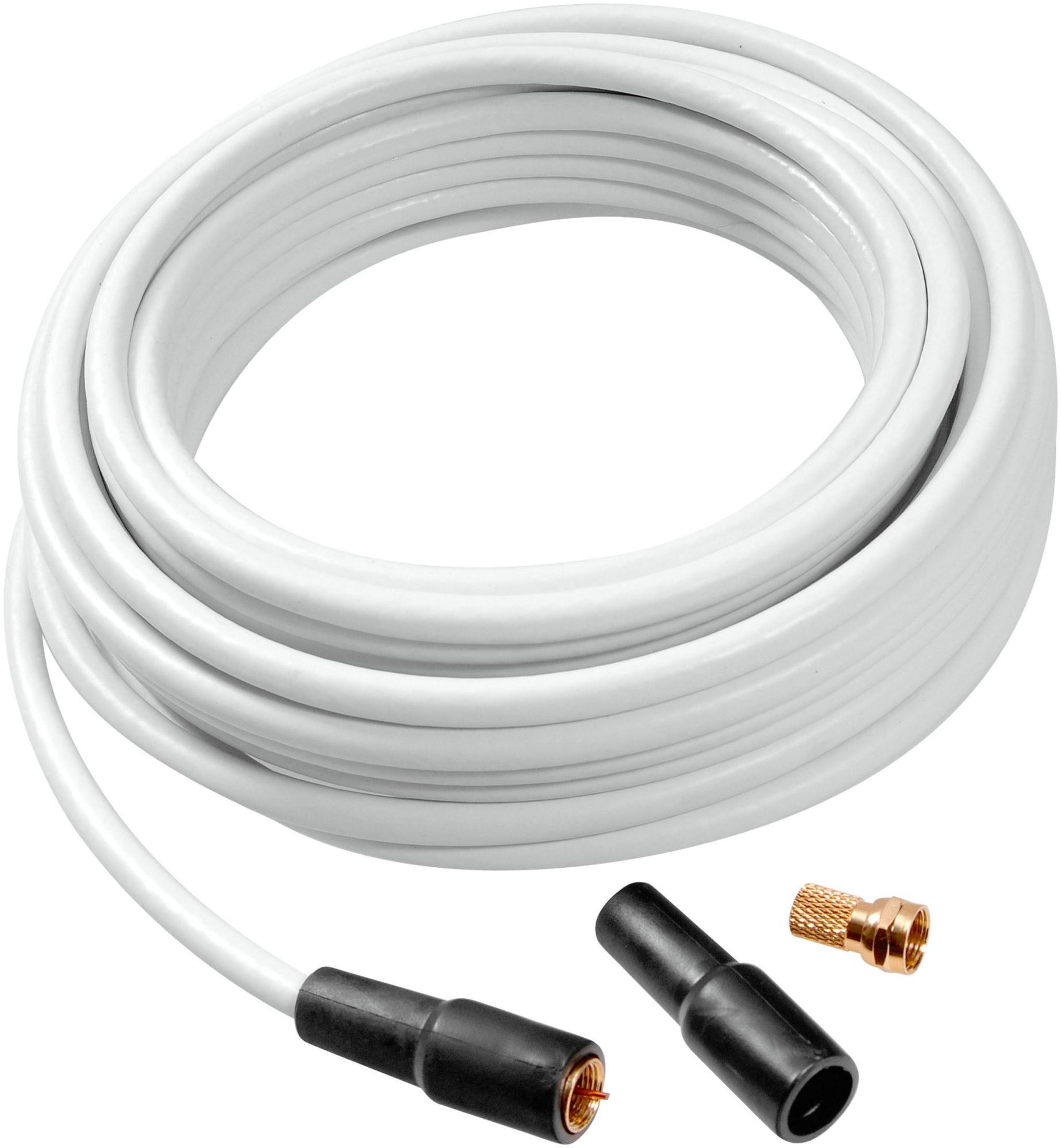 Un cavo coax bianco arrotolato con due connettori neri e uno dorato su sfondo bianco.