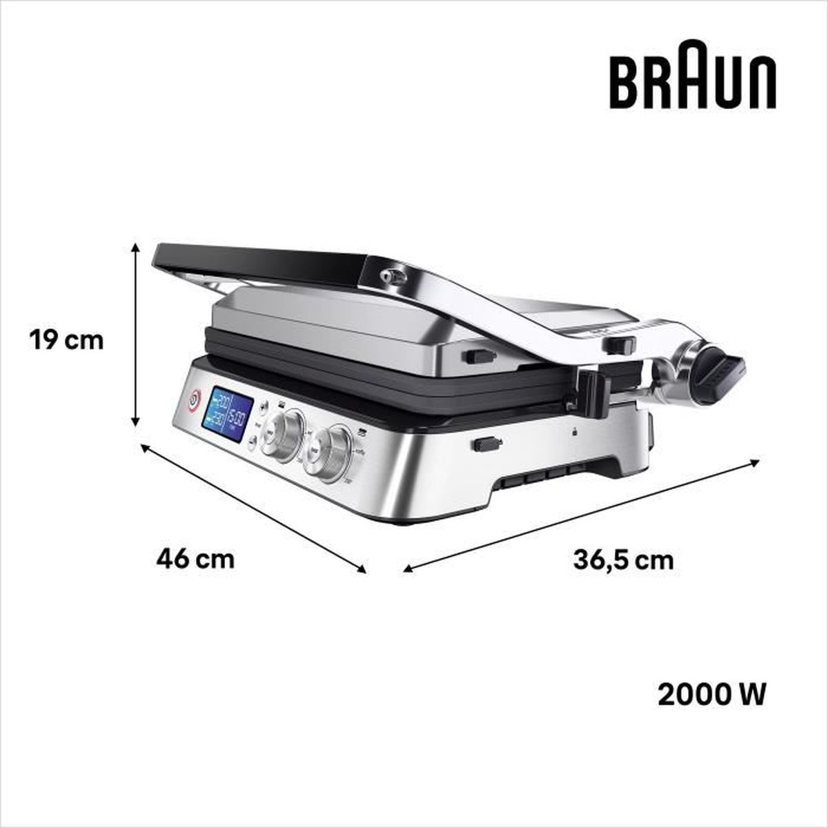 Griglia a contatto Braun argentata da 2000W, dimensioni 46x36,5x19 cm, display digitale e manopole.