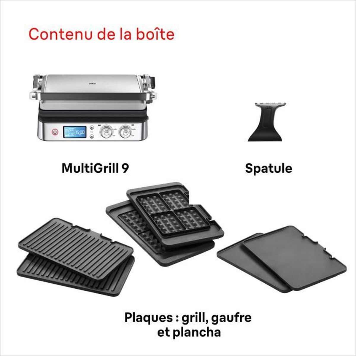 Contenuto della confezione: MultiGrill 9, spatola e piastre per griglia, waffle e piastra.