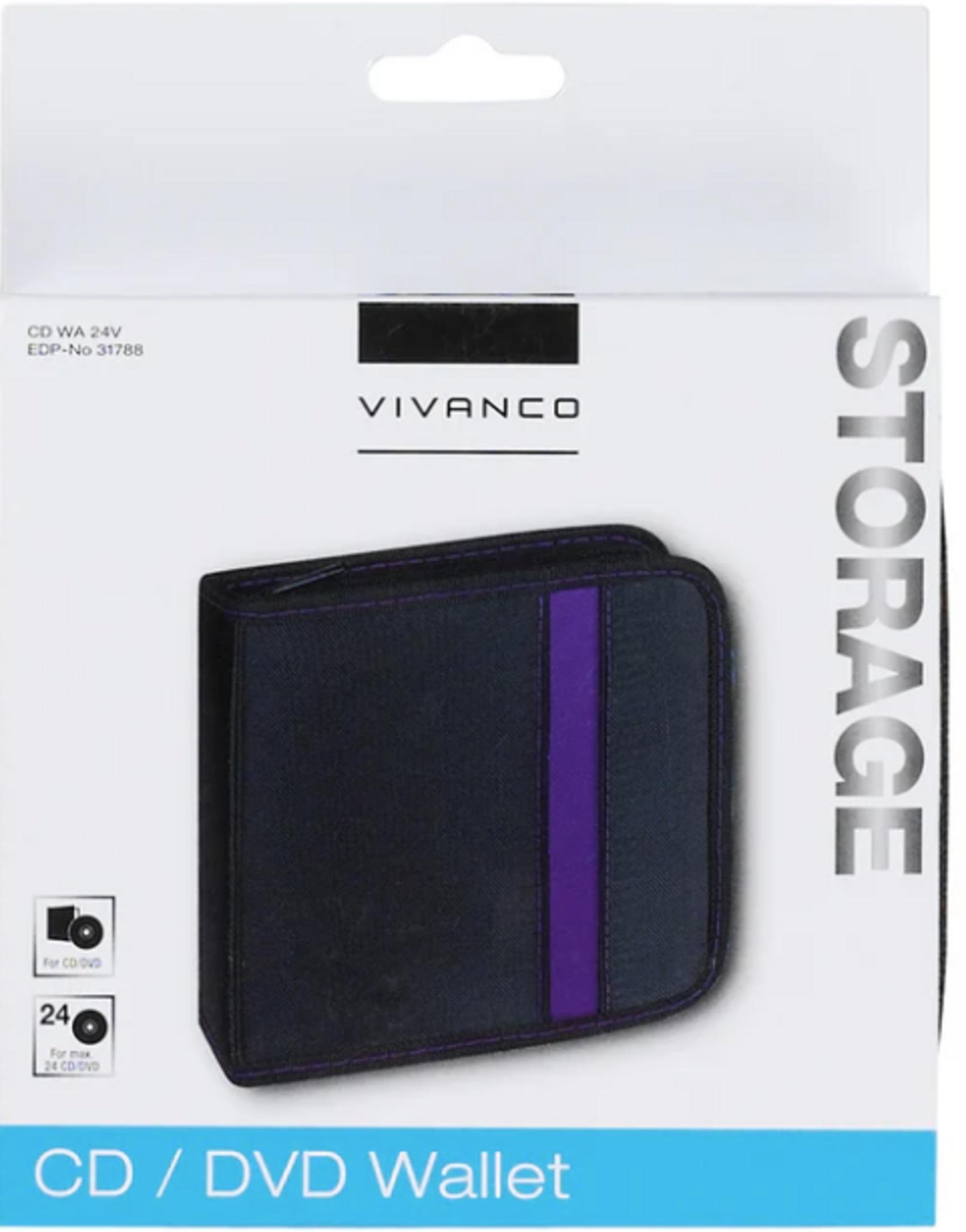 Confezione per un portafoglio CD/DVD Vivanco in nero e viola.