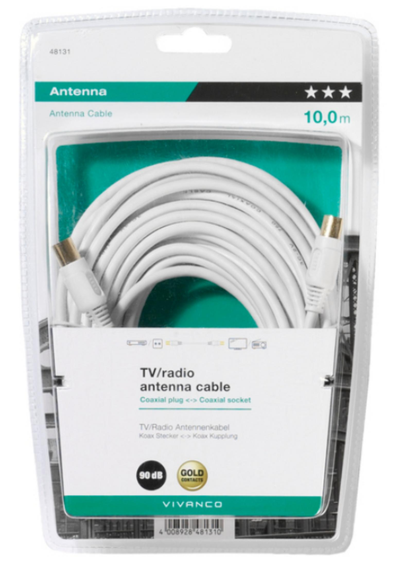 Un cavo per antenna TV bianco da 10 m nella confezione di plastica originale.
