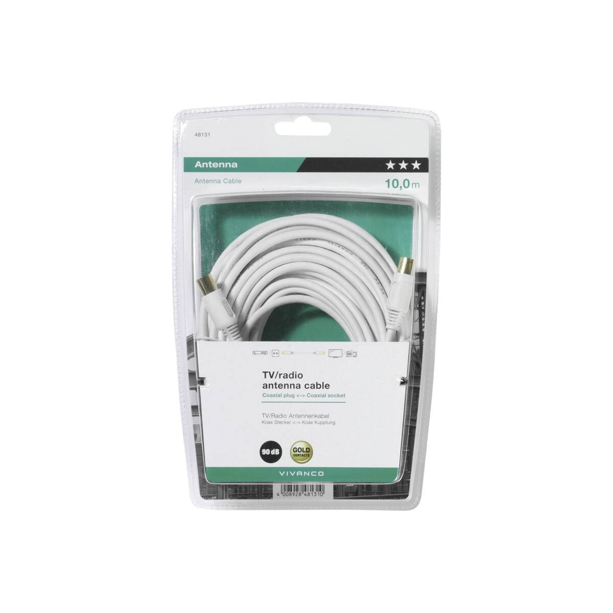 Un cavo d'antenna bianco da 10,0 metri nella confezione originale con connettori dorati.