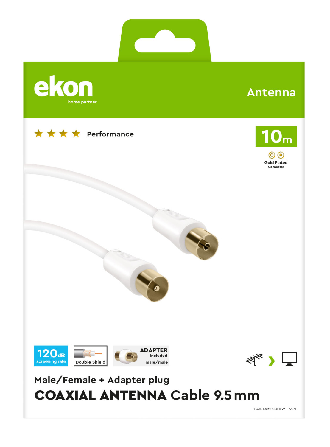 Cavo antenna coassiale Ekon in confezione bianca con connettori dorati e lunghezza 10m.