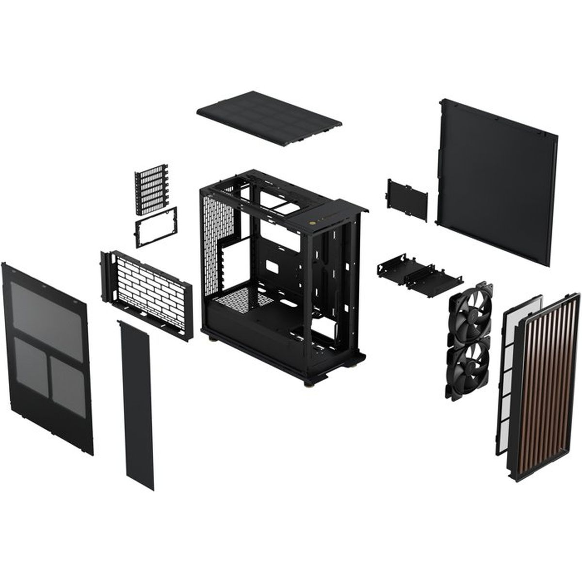 Exploded view of a black PC case with detachable side panels, fans, and filter parts on a white background.