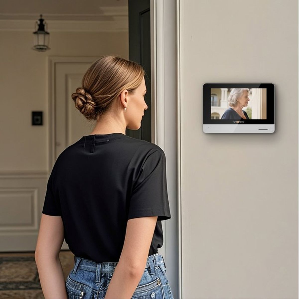 Eine Frau in schwarzem Shirt blickt auf einen an der Wand montierten Video-Gegensprechanlagen-Monitor.