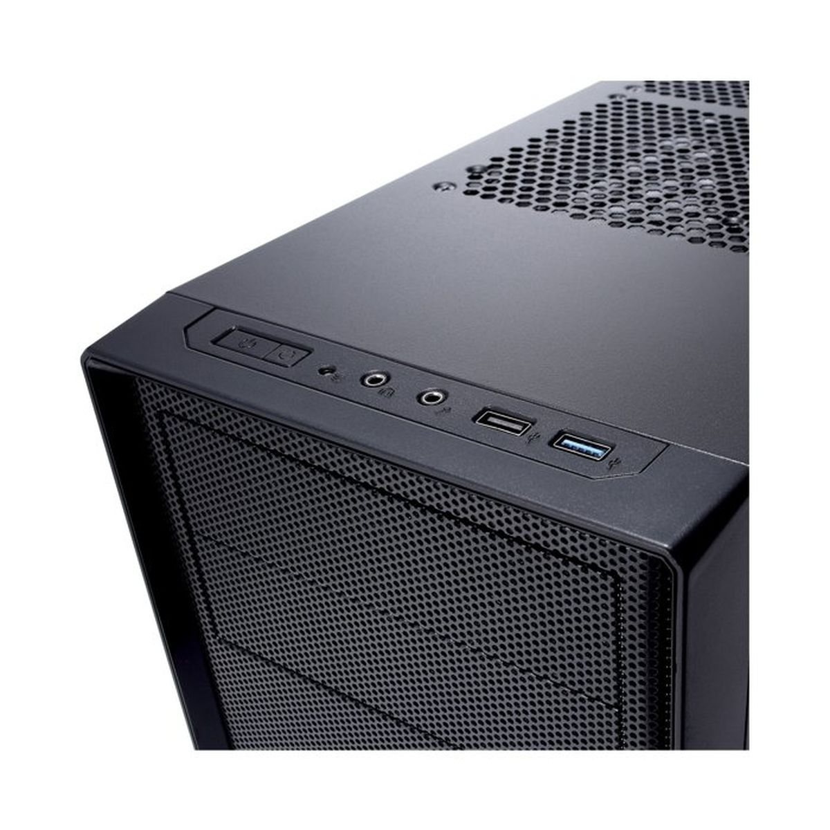 Schwarzes PC-Gehäuse mit Anschlüssen und Mesh-Front oben.