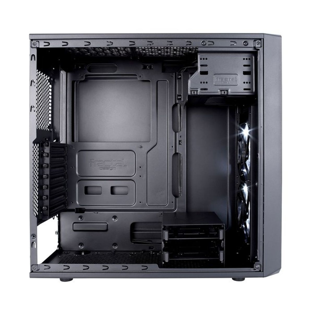 Ein leeres schwarzes PC-Gehäuseinnere mit zwei weiß leuchtenden Frontlüftern.