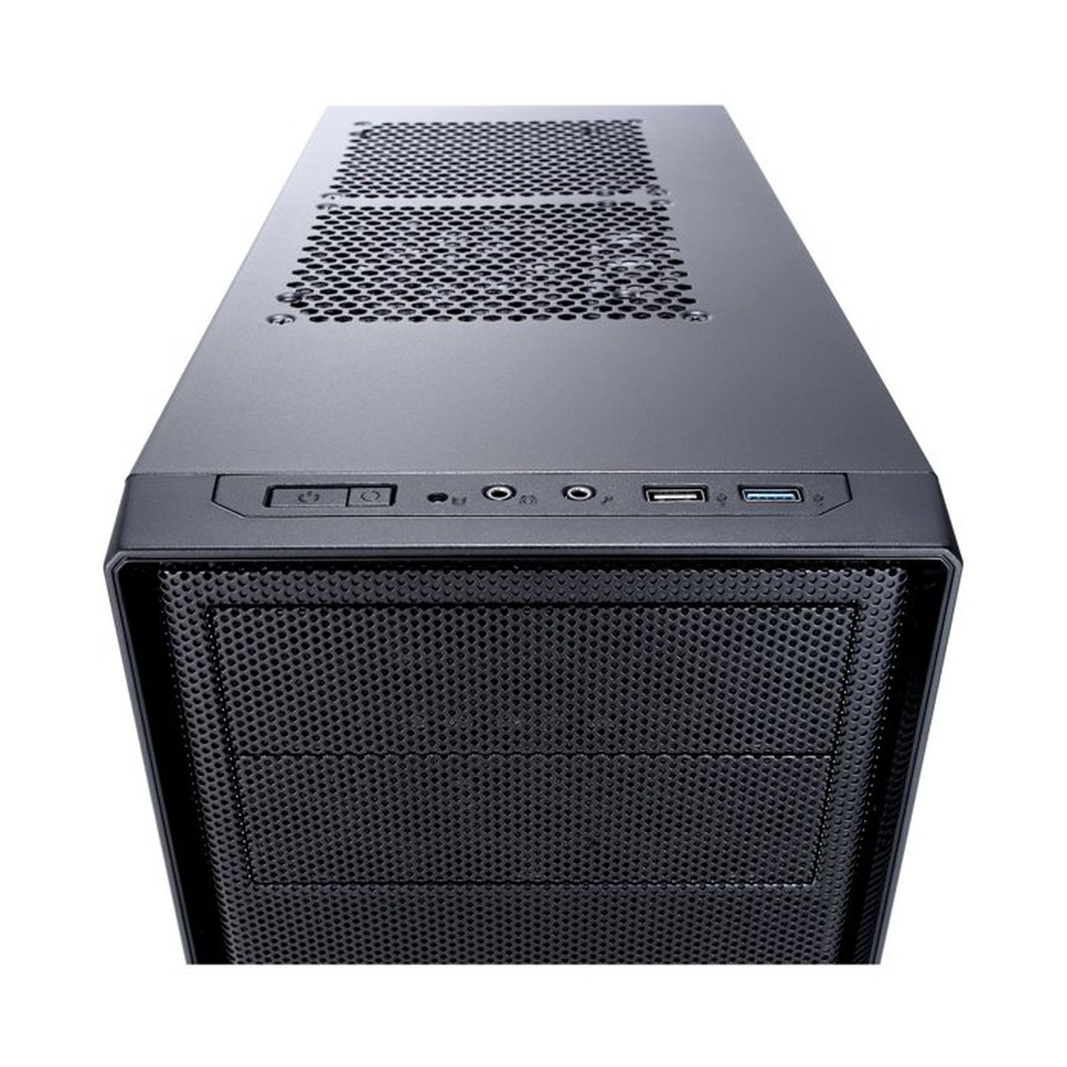 Ein schwarzes Computergehäuse mit Mesh-Front und oberen Anschlüssen.