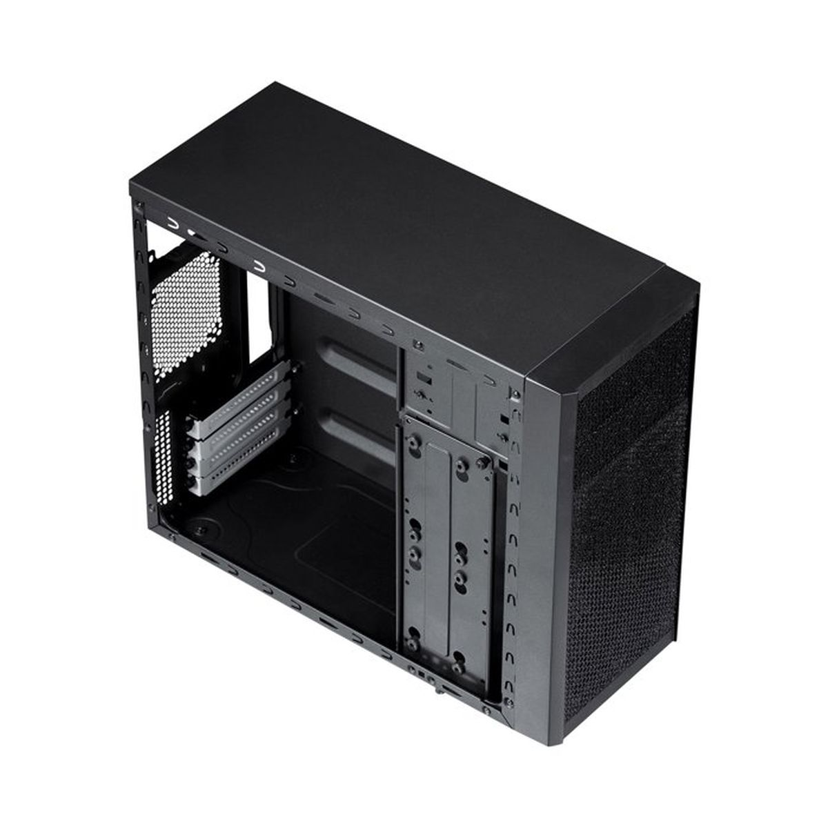 Ein leeres schwarzes PC-Gehäuse mit Mesh-Front und offenem Innenraum auf weißem Hintergrund.