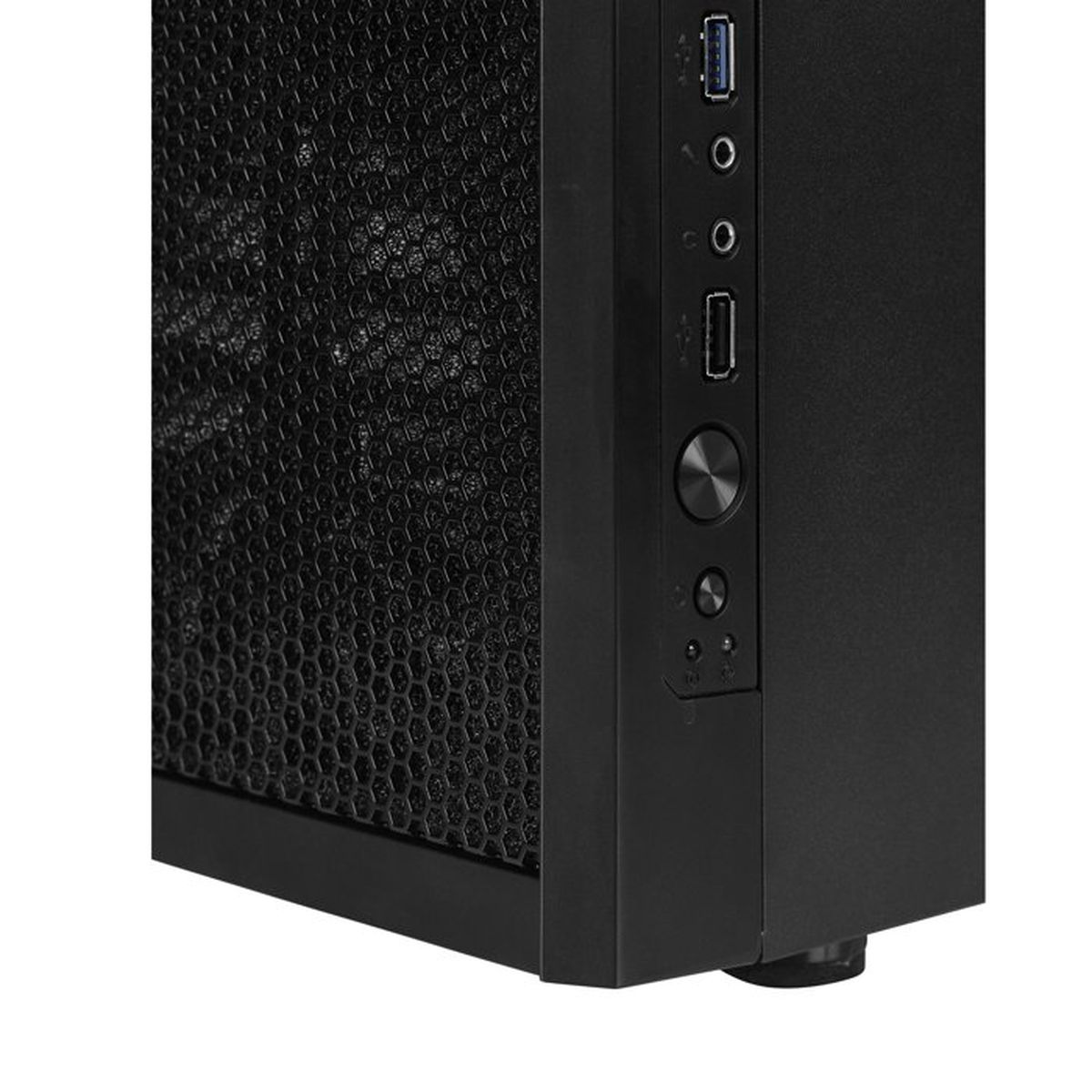 Schwarzes PC-Gehäuse mit Mesh-Front und Anschlüssen wie USB, Audio und Power-Knopf.