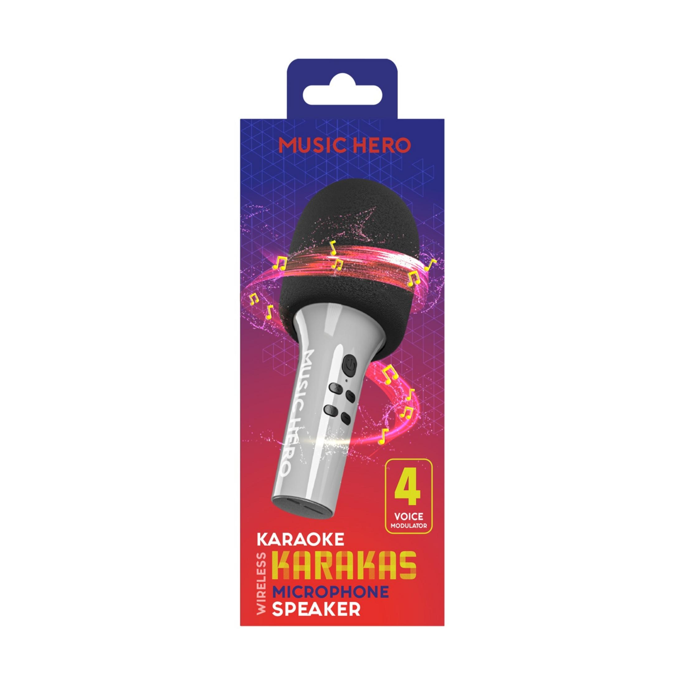 Embalaje de un altavoz de micrófono karaoke inalámbrico blanco con marca Music Hero y efectos rojos.