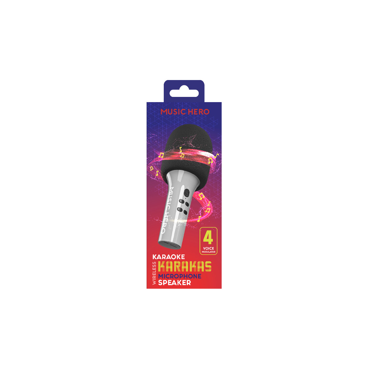 Embalaje de un micrófono inalámbrico de karaoke Music Hero con modulador de voz.