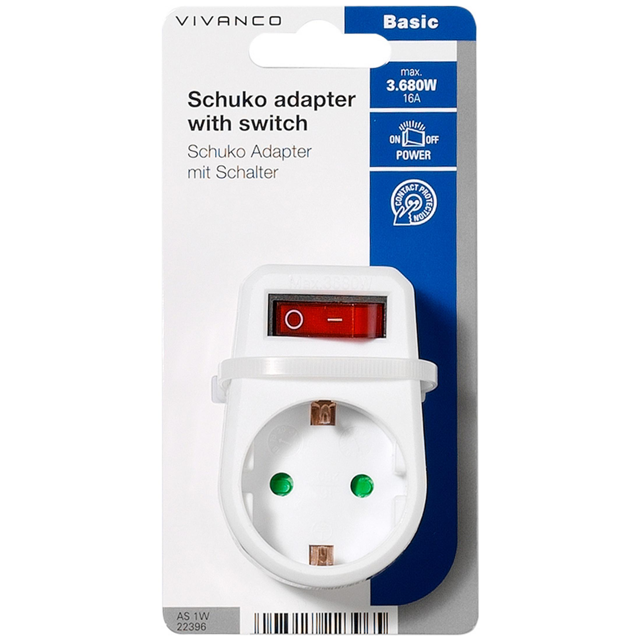 Adaptador Schuko Vivanco con interruptor y protección de contacto en embalaje blanco y azul.