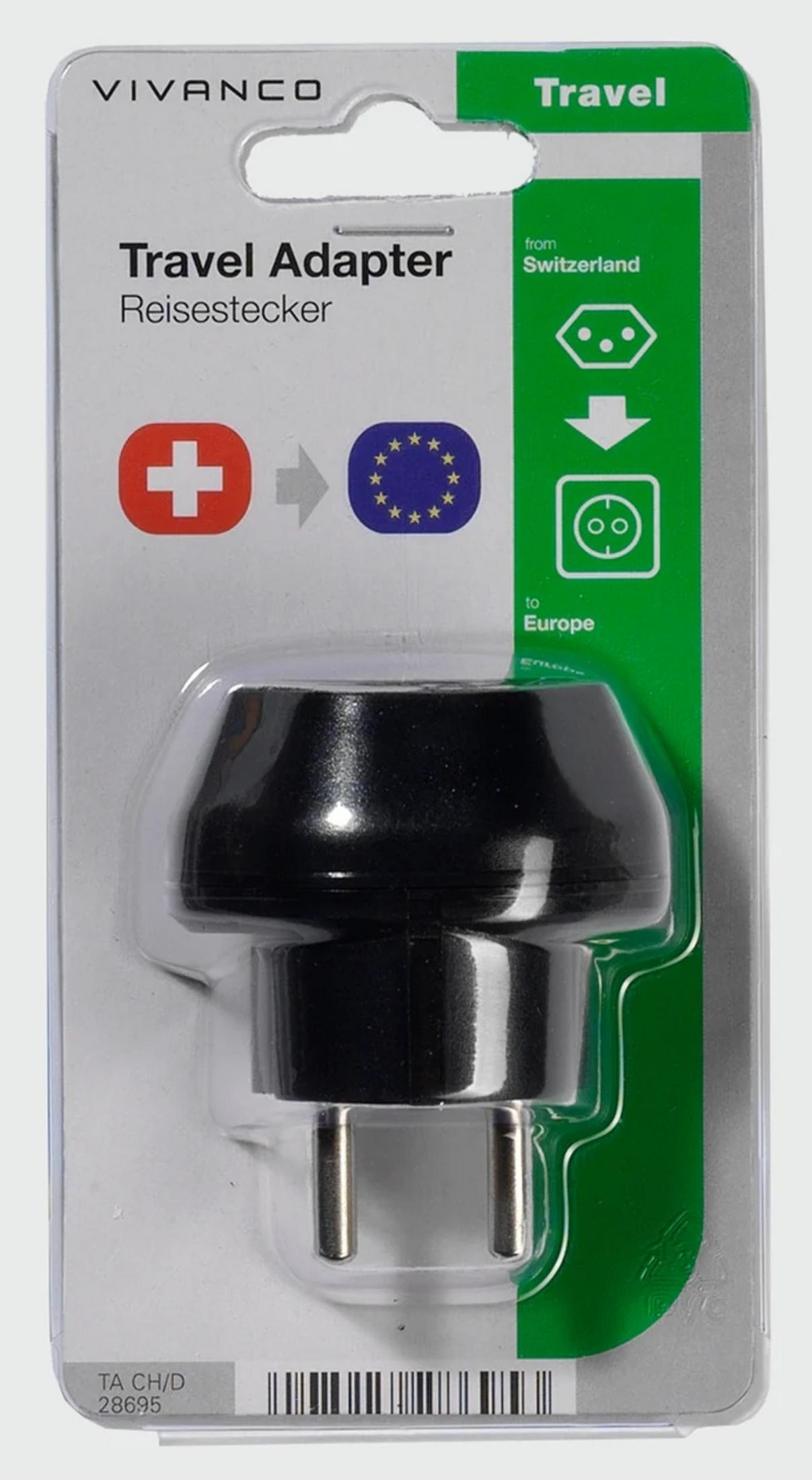 Adaptador de viaje Vivanco en su embalaje, de Suiza a Europa.