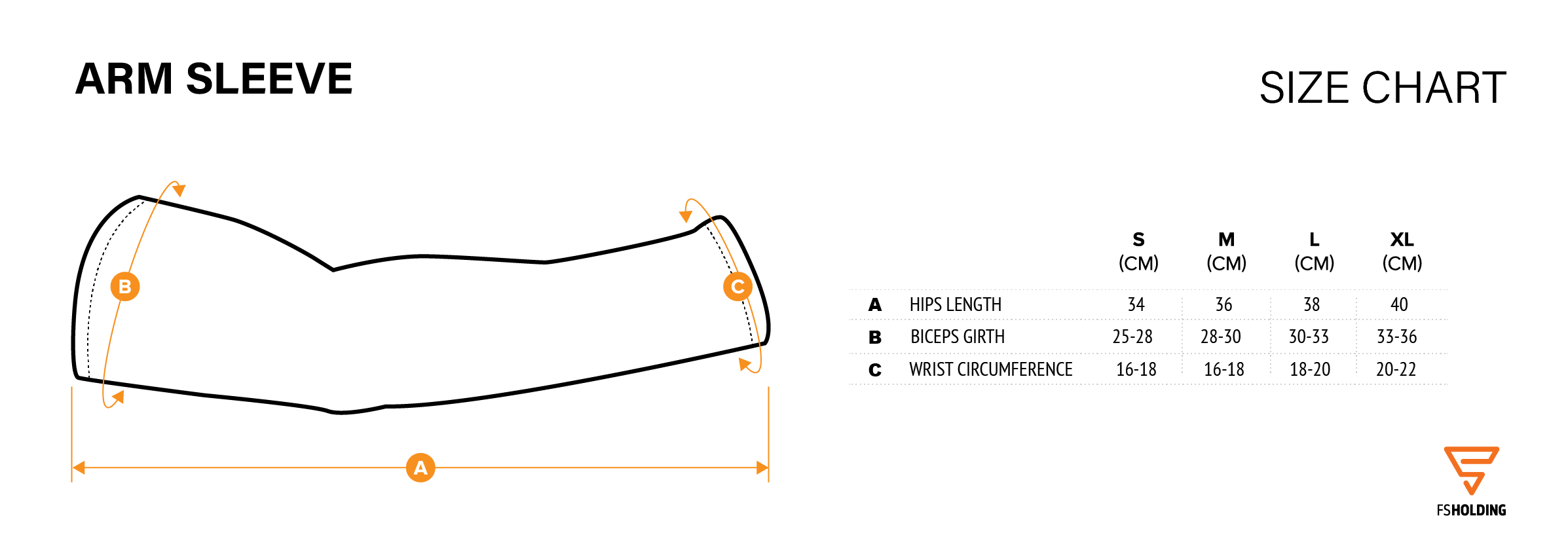 Größentabelle für Armstulpen mit Diagramm zur Messung von Länge, Bizeps und Handgelenk.