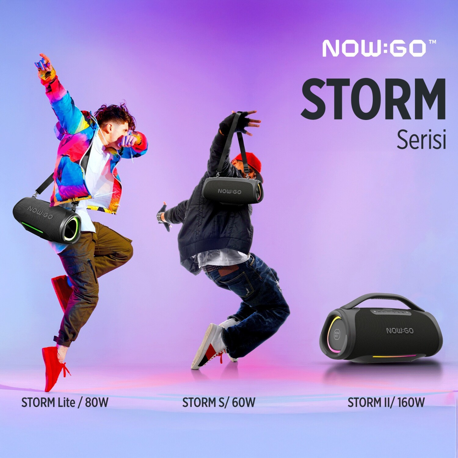 Dwie tańczące osoby prezentują głośniki Bluetooth Now:Go Storm na fioletowym tle.