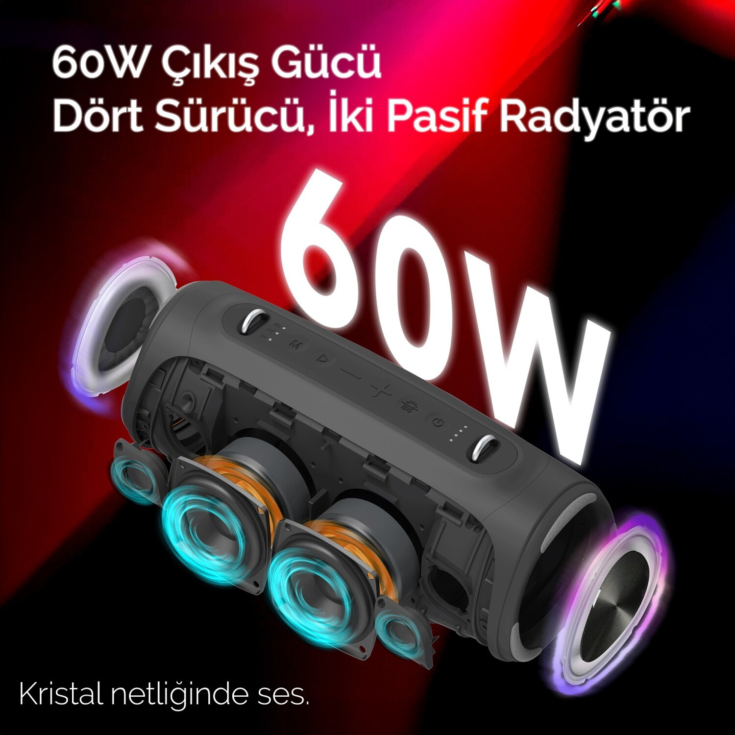 Czarny głośnik Bluetooth z odsłoniętą strukturą wewnętrzną pokazujący cztery przetworniki i dwa radiatory.