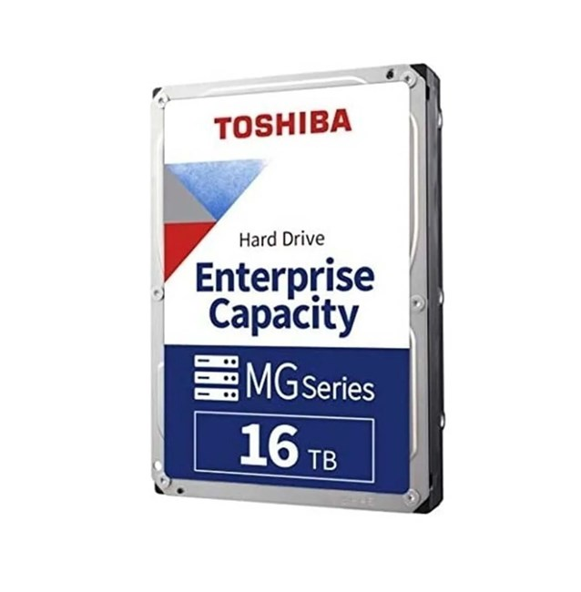 Hard disk Toshiba MG Series Enterprise da 16TB su sfondo bianco.