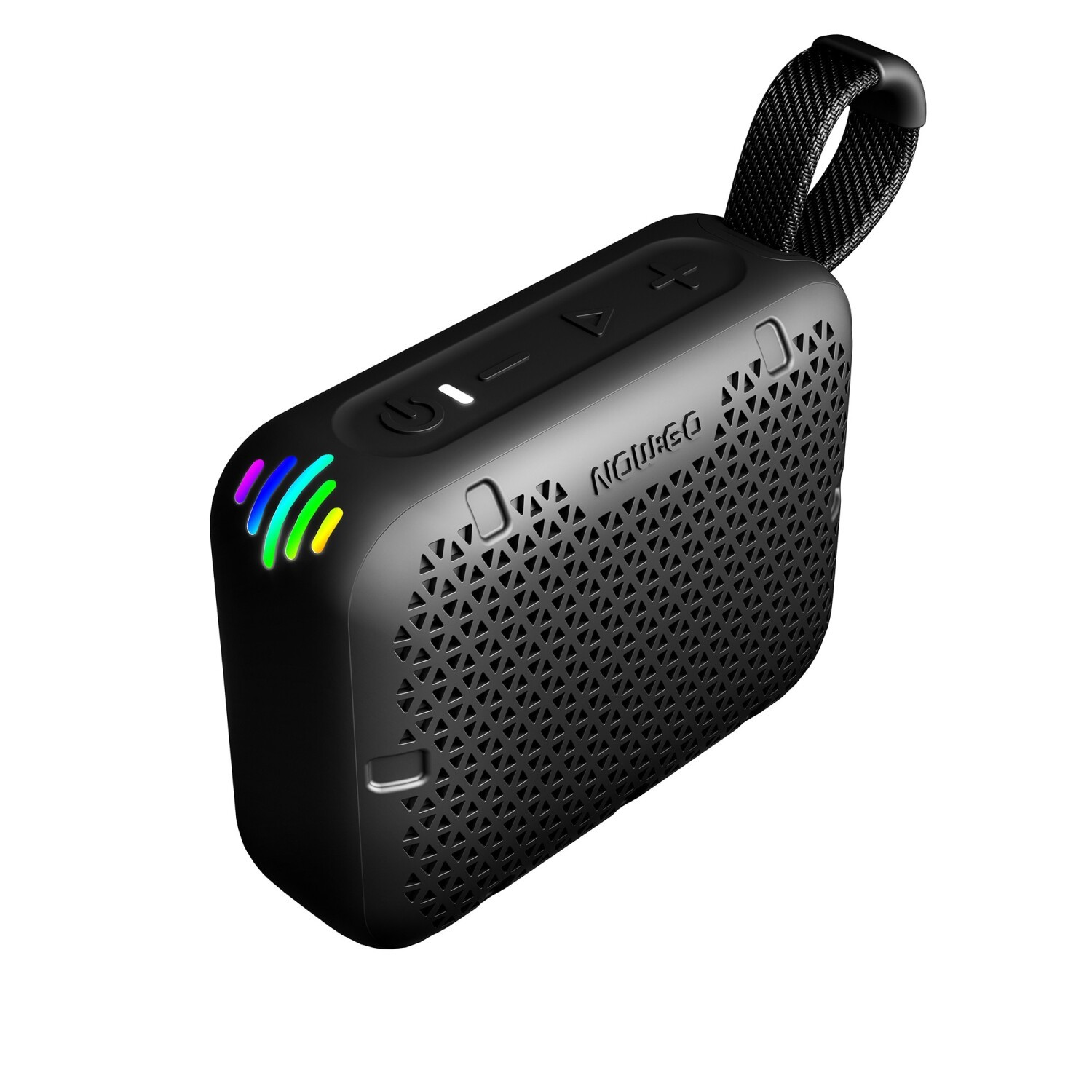 Czarny głośnik bluetooth z geometryczną kratką, tęczowymi diodami LED i paskiem.