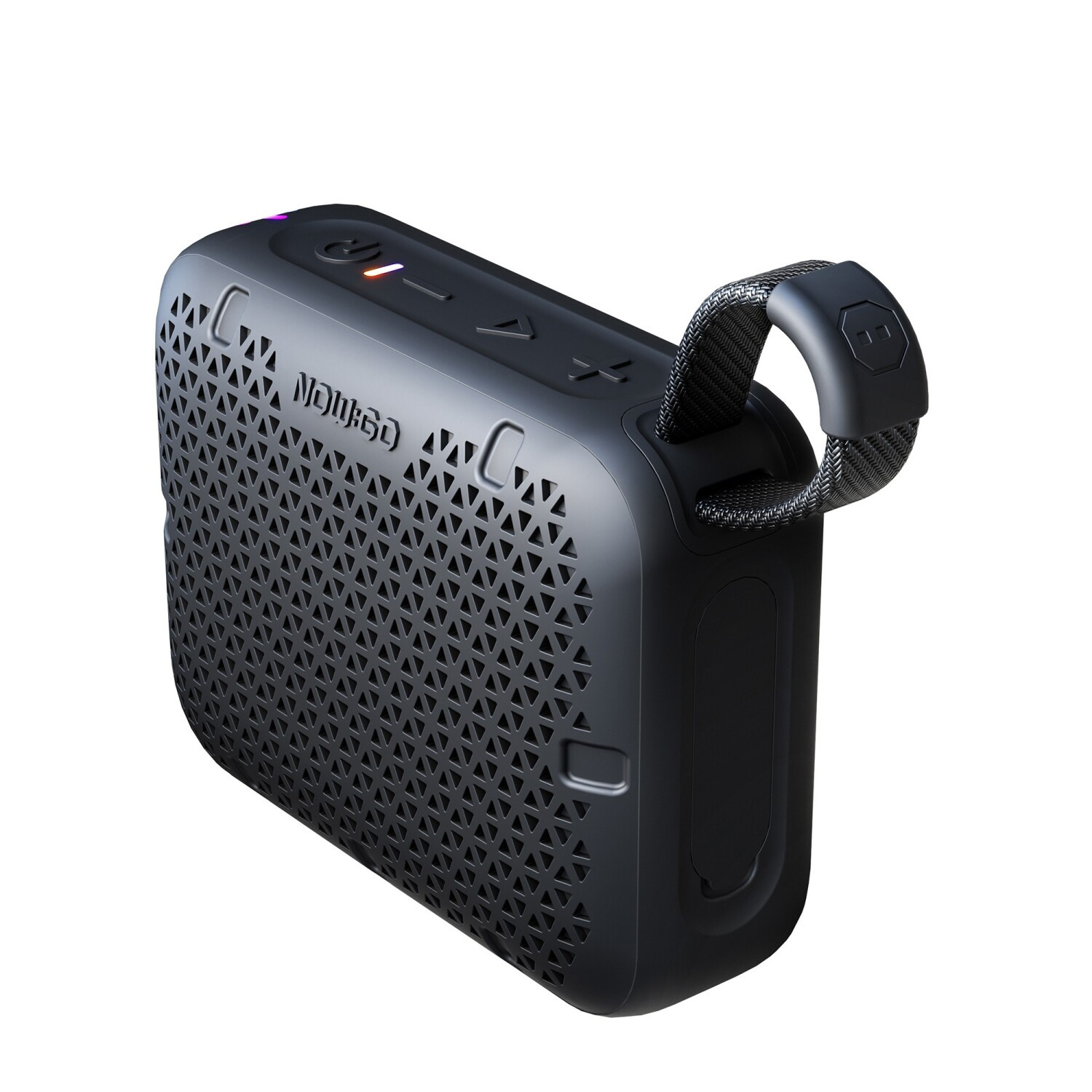 Czarny, przenośny głośnik Bluetooth z trójkątną siatką i wygodnym paskiem do noszenia.