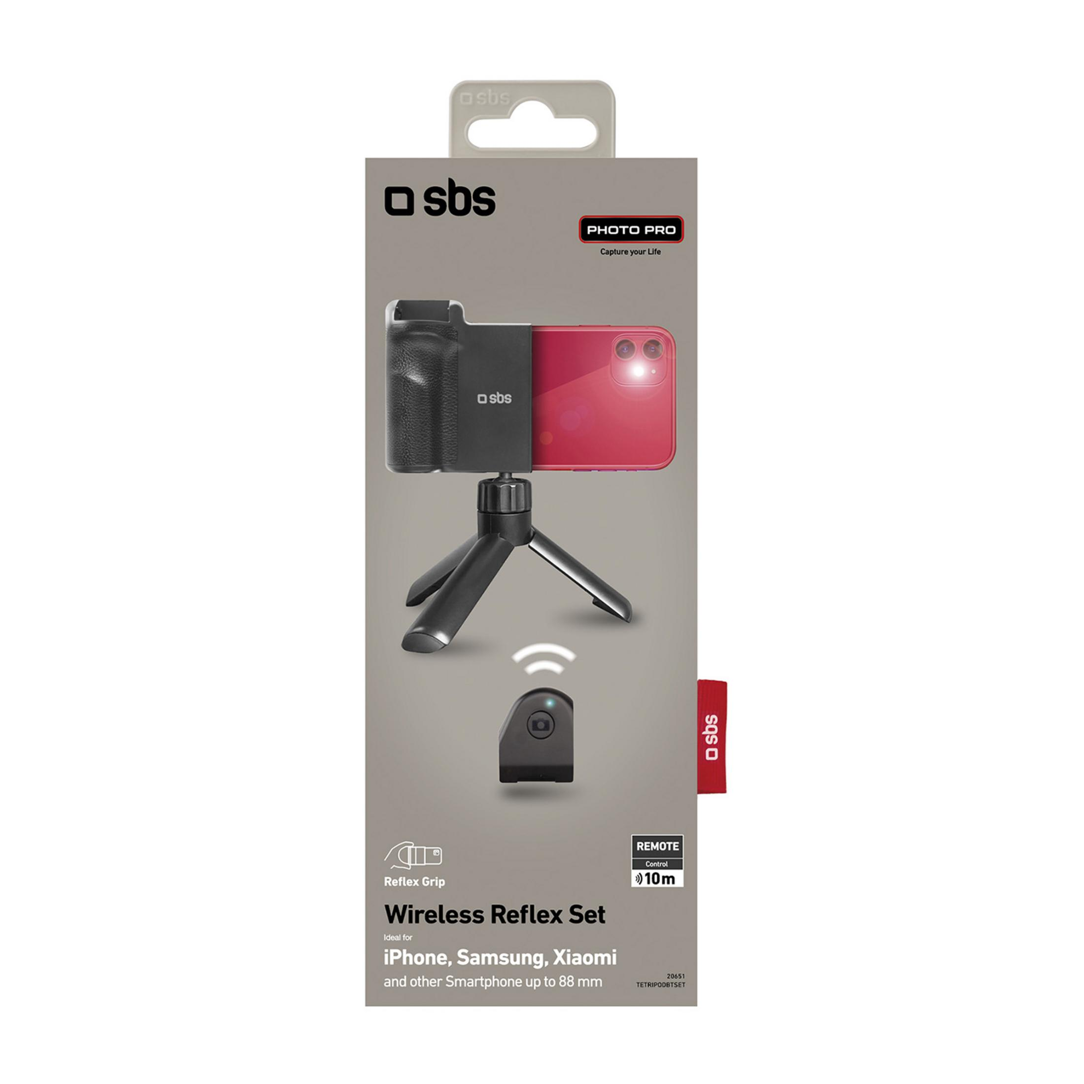 Embalaje del juego sbs Wireless Reflex con soporte para smartphone, trípode y control remoto sobre fondo gris.