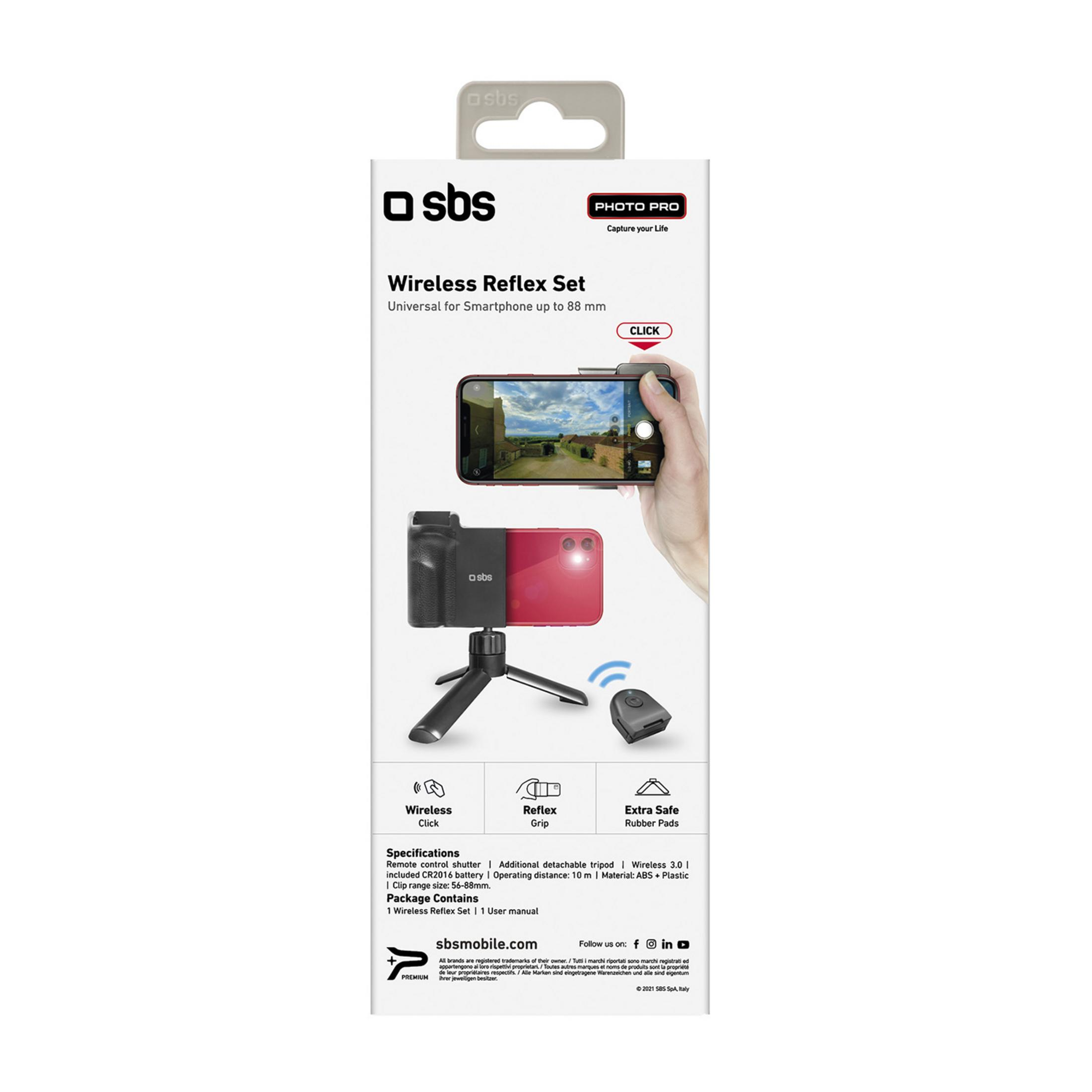 Caja SBS Wireless Reflex Set con un smartphone en mini trípode con empuñadura y control remoto.