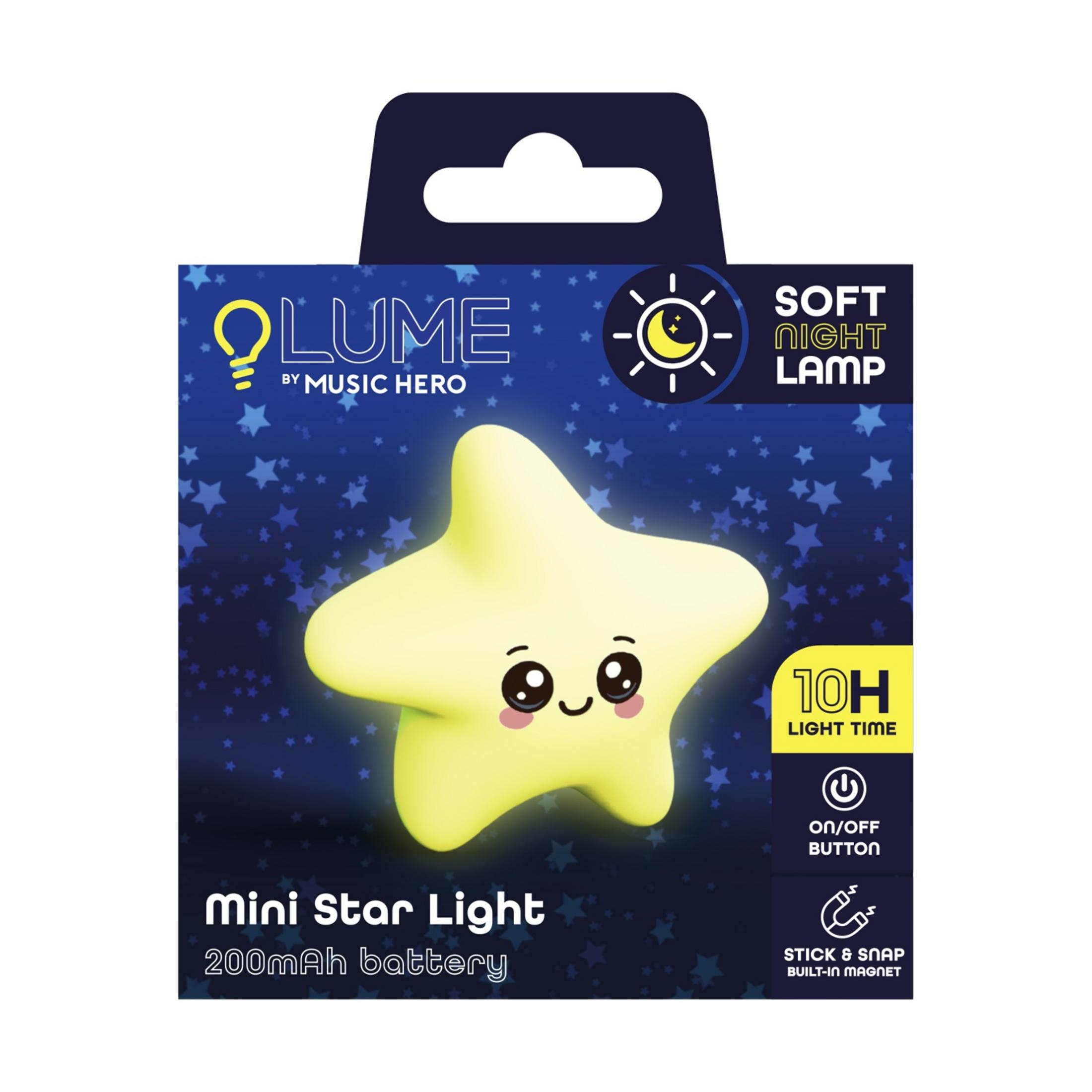 Empaque para la lámpara Mini Star Light Lume con una linda estrella amarilla brillante sobre un fondo azul estrellado.