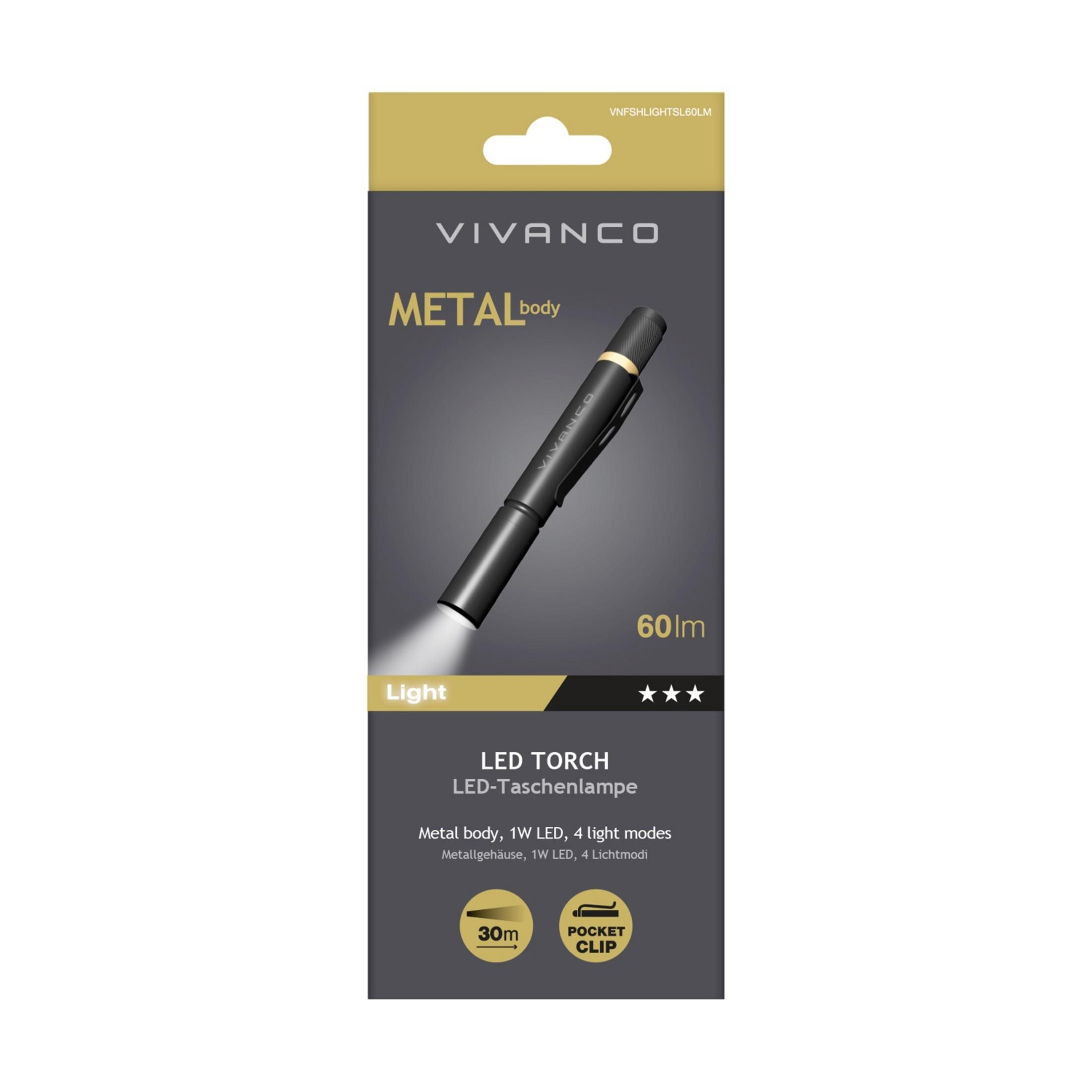 Embalaje de la linterna LED Vivanco con cuerpo de metal, 60 lúmenes y 30 m de alcance sobre fondo gris.