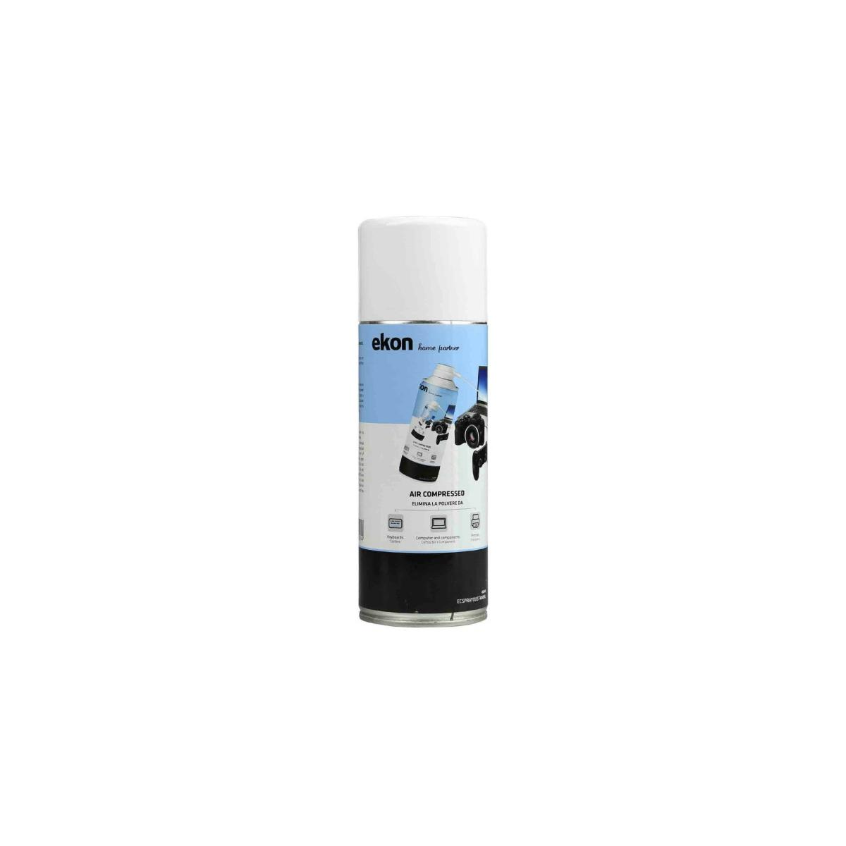Una bomboletta spray di aria compressa bianca e nera Ekon si trova su sfondo bianco.
