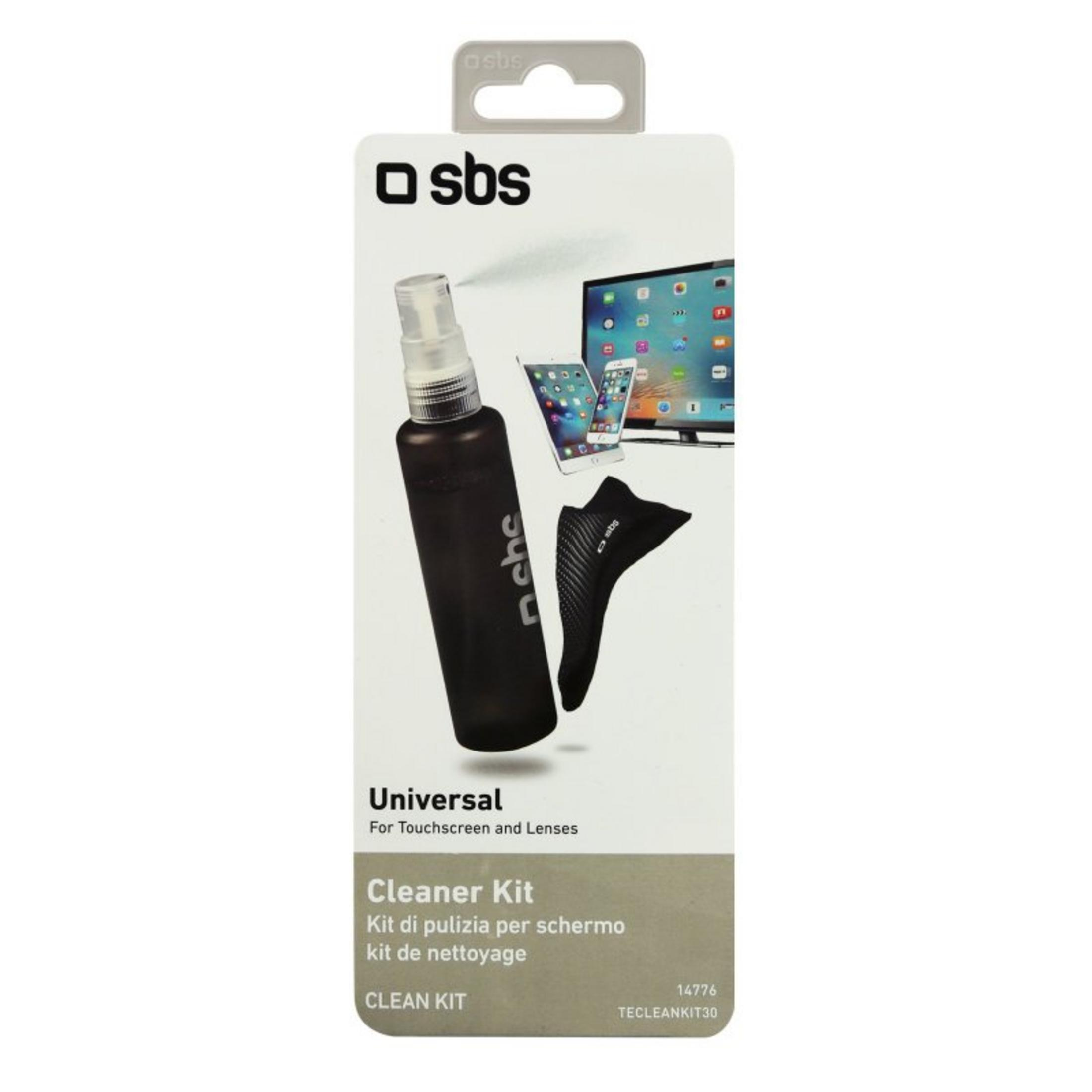 Confezione kit pulizia universale SBS con flacone spray e panno in microfibra.