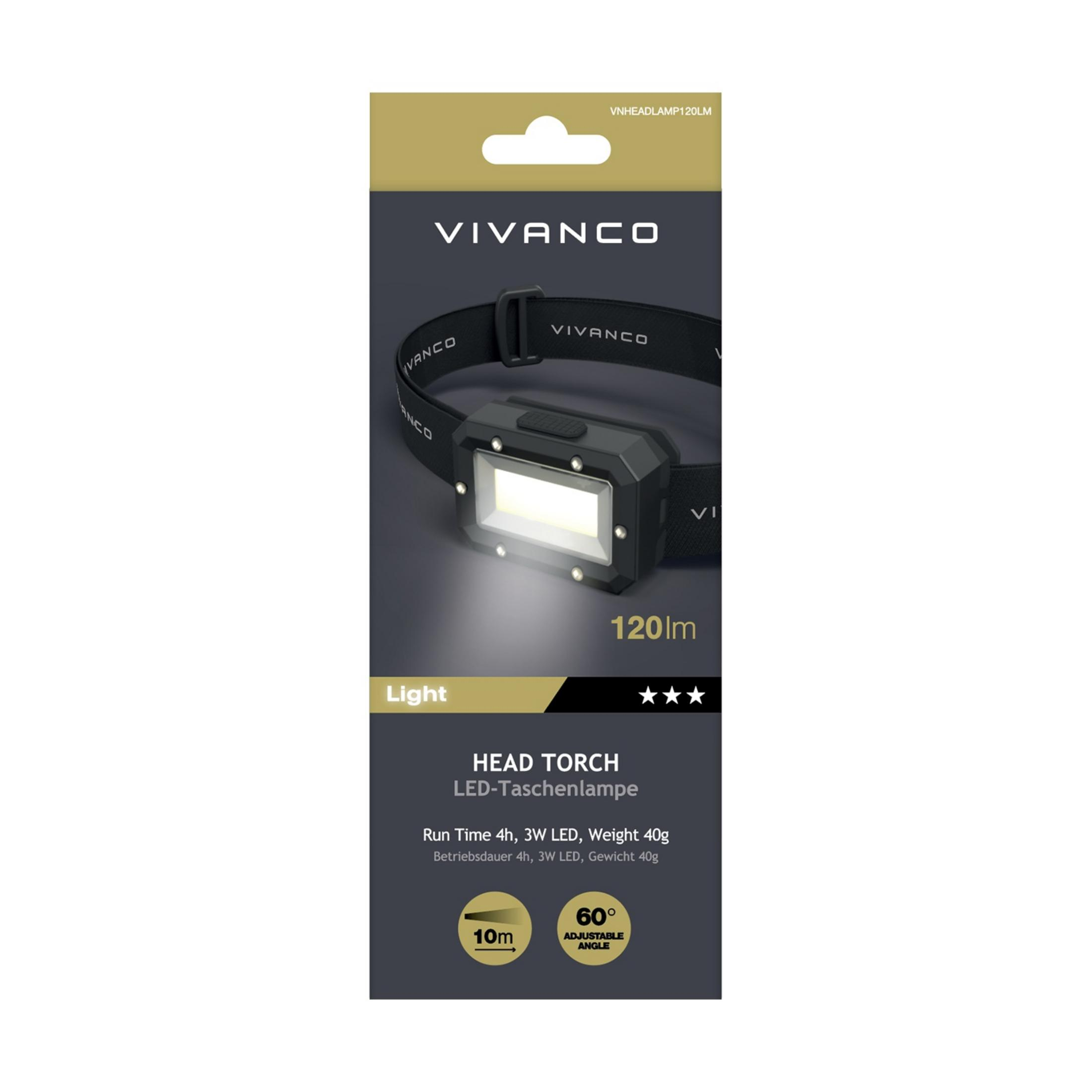 Embalaje de linterna frontal LED Vivanco con correa negra, unidad de luz y especificaciones técnicas.