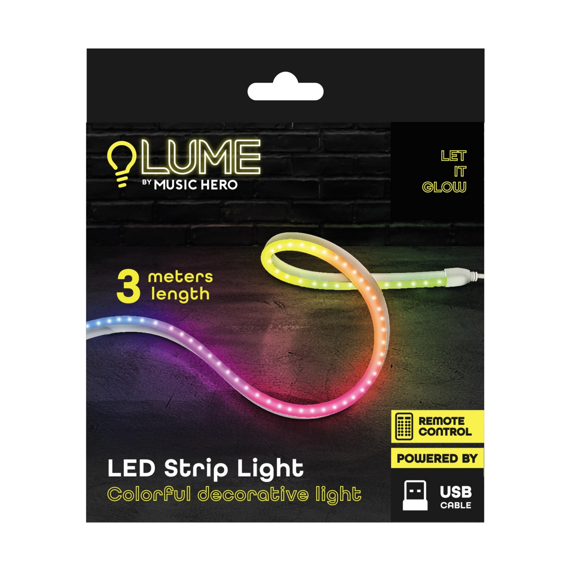 Embalaje para tira LED de 3 metros de Lume, con luces coloridas, control remoto y USB.