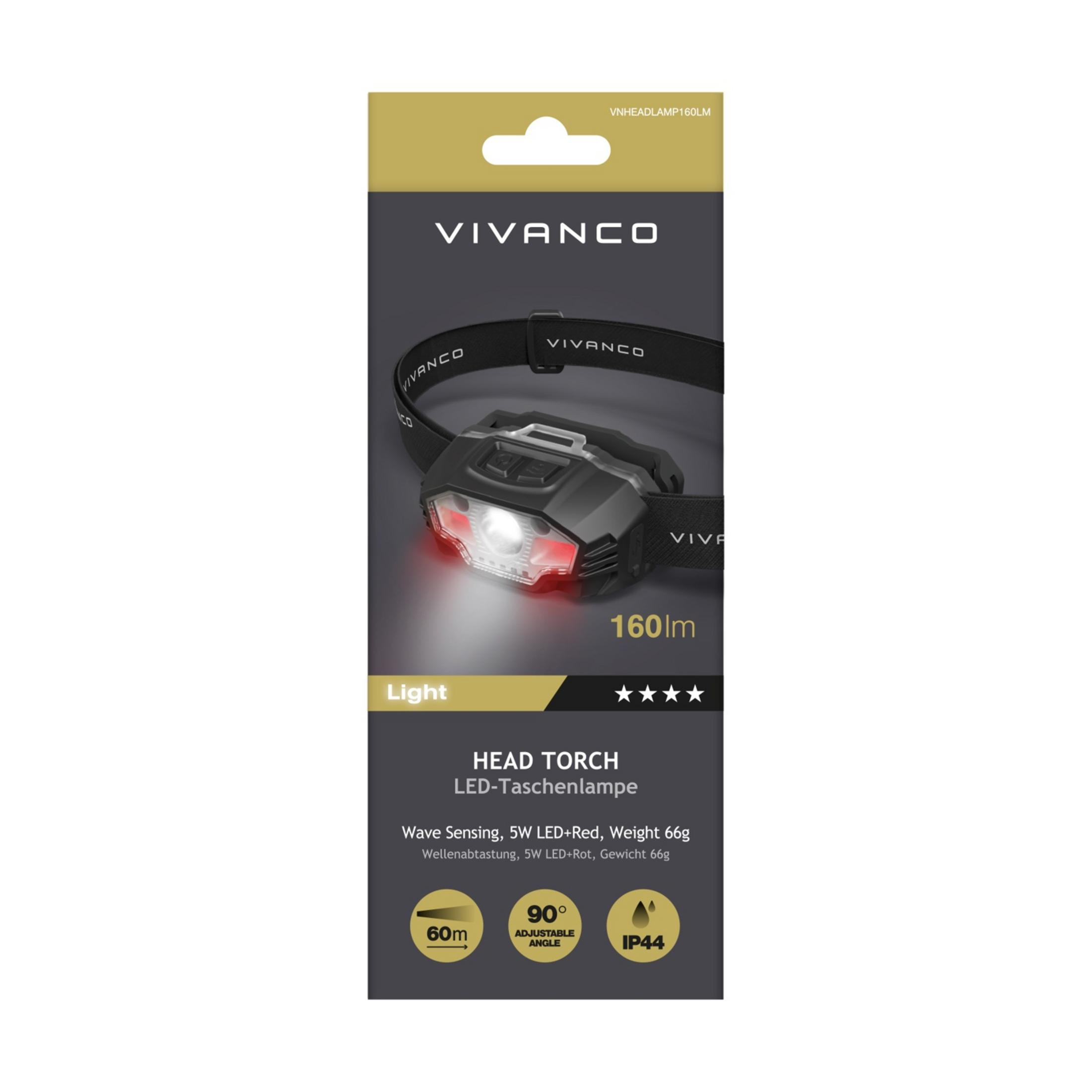 Linterna frontal LED Vivanco en embalaje con 160lm, sensor de ondas y LED rojos.