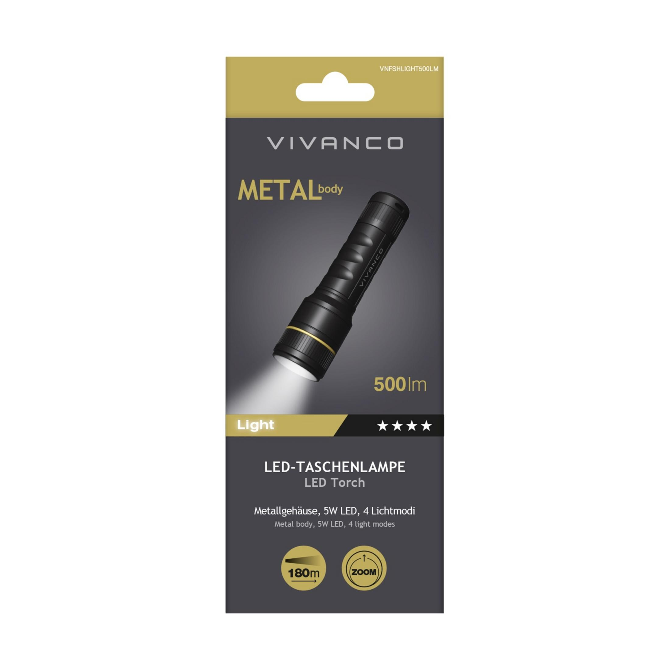 Embalaje de una linterna LED Vivanco negra con cuerpo de metal, 500lm, LED de 5W y 4 modos de luz.