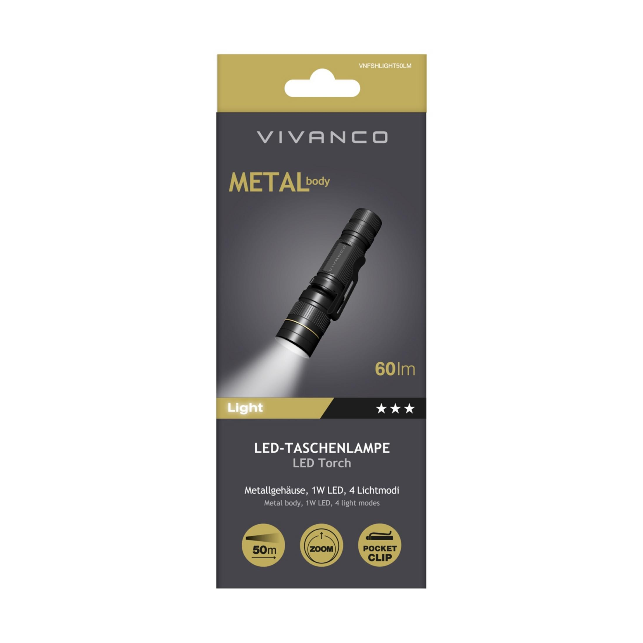 Linterna LED Vivanco en envase gris con cuerpo de metal, LED de 1W, zoom y clip para bolsillo.