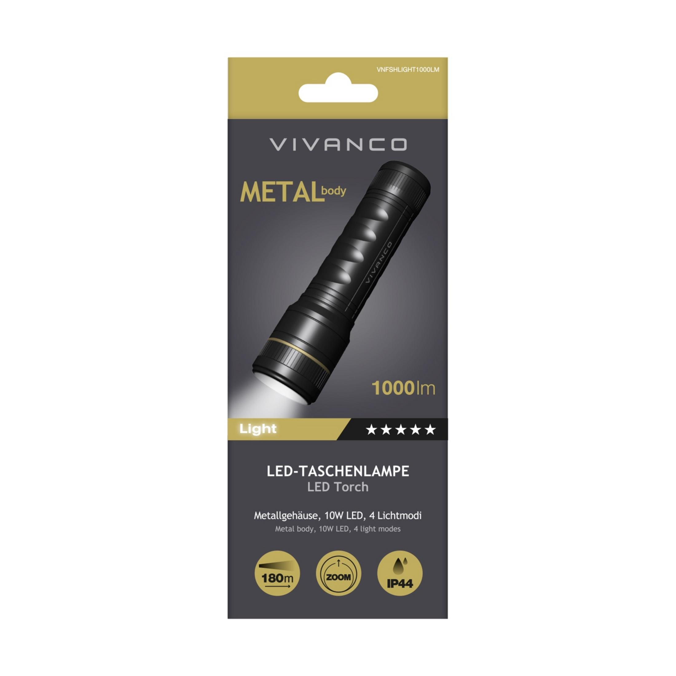 Embalaje de linterna LED Vivanco con cuerpo de metal de 1000 lúmenes, 10W y protección IP44.