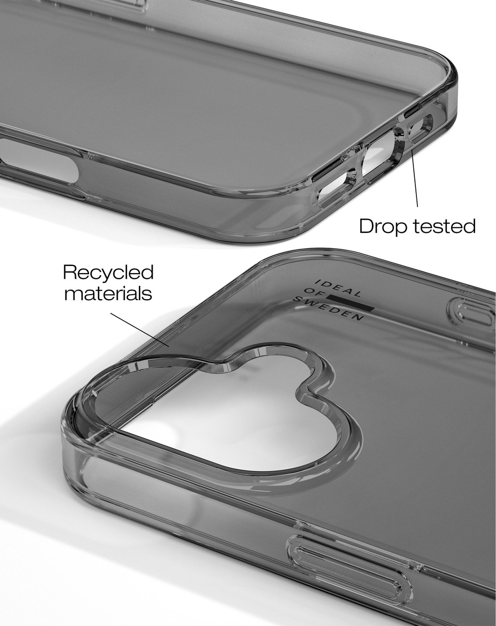 Graue, recycelte Smartphone-Hülle mit Markenlogo und Ausschnitten für Tasten und Kamera.